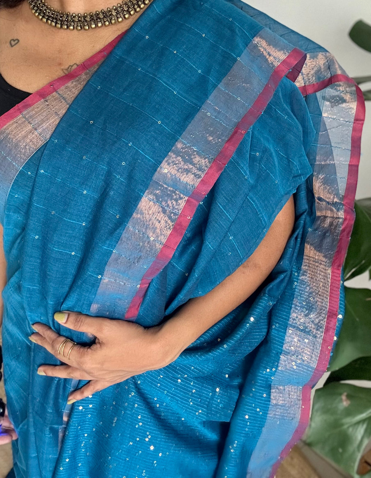 Peacock blue mul cotton saree with sequins and zari border - YCBCMCSE31