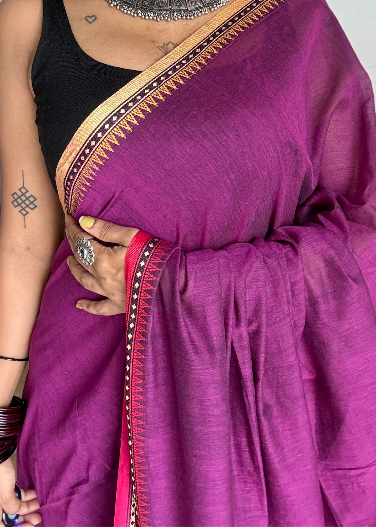 Handloom Bengal soft cotton saree, purple pink with cream and red woven dual tone borders - YCBCMCSE40