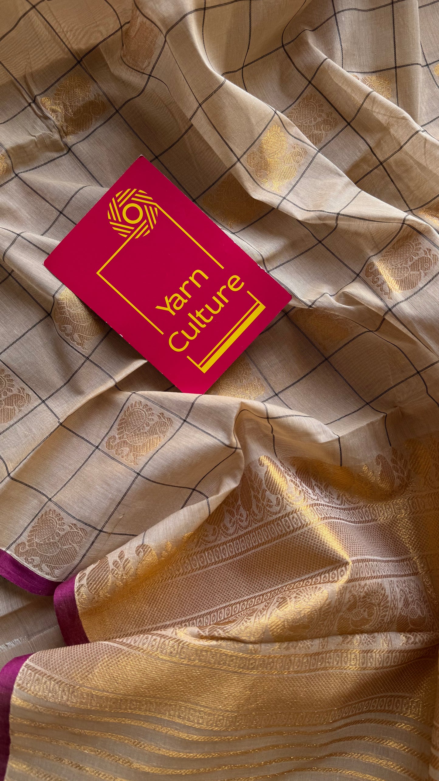 Cream dual tone checks with peacock motifs, kanchi cotton saree - YCCOTNKCFE339