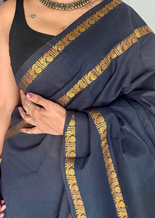 Black rettaipettu peacock gap border, kattuchayam dyed madurai cotton saree  - YCCOTNMSAP100