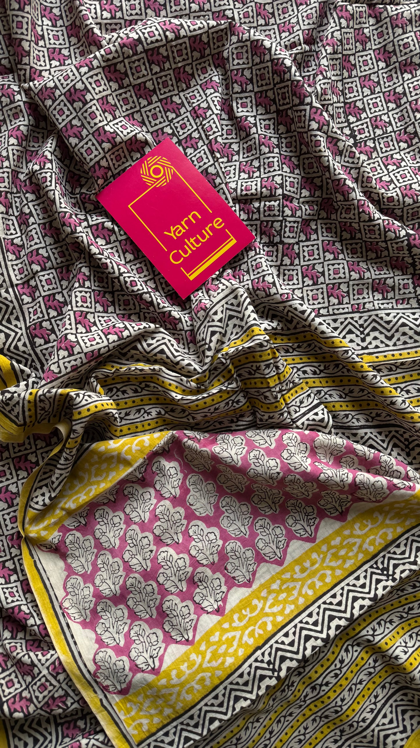 Beige with black and dusty pink checks, yellow border, block printed soft cotton saree - YCTORCMA13