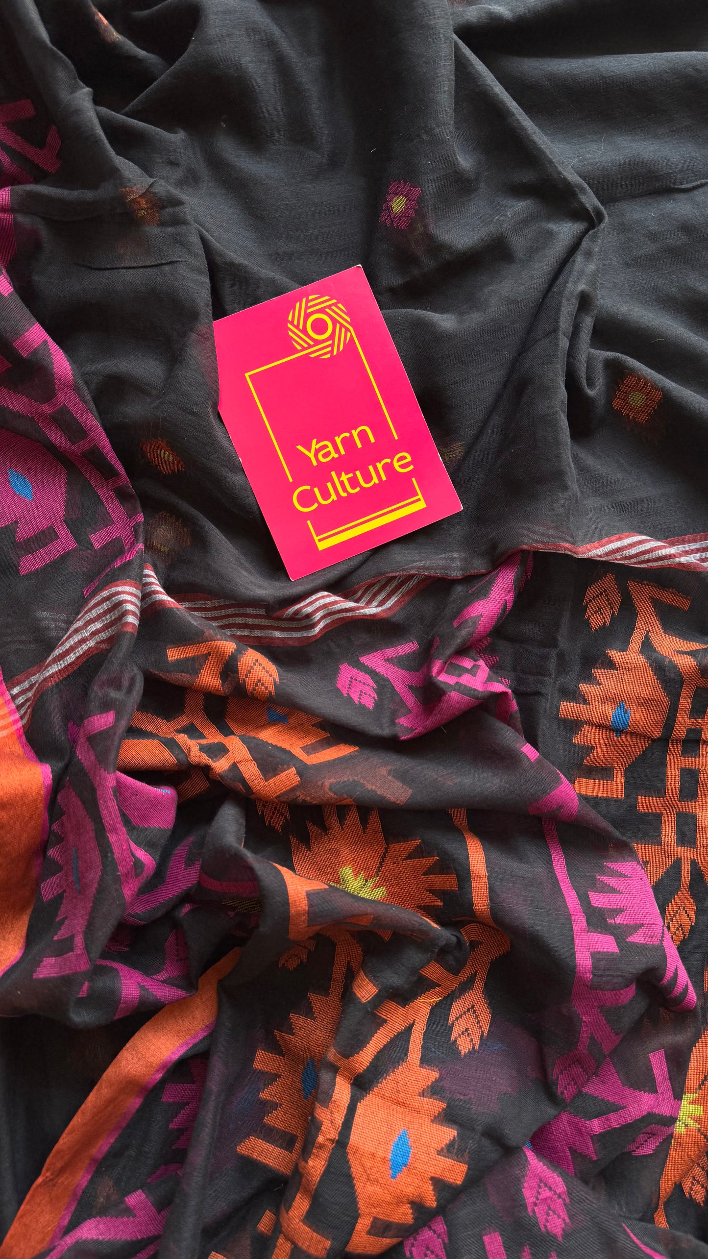 Black with pink and orange jamdani saree in mul cotton - YCBCJDFE382