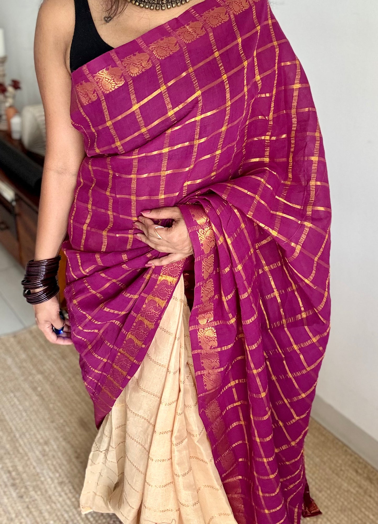 Vadamalli with cream, sungudi cotton half-half saree - YCCOTNIDMA285