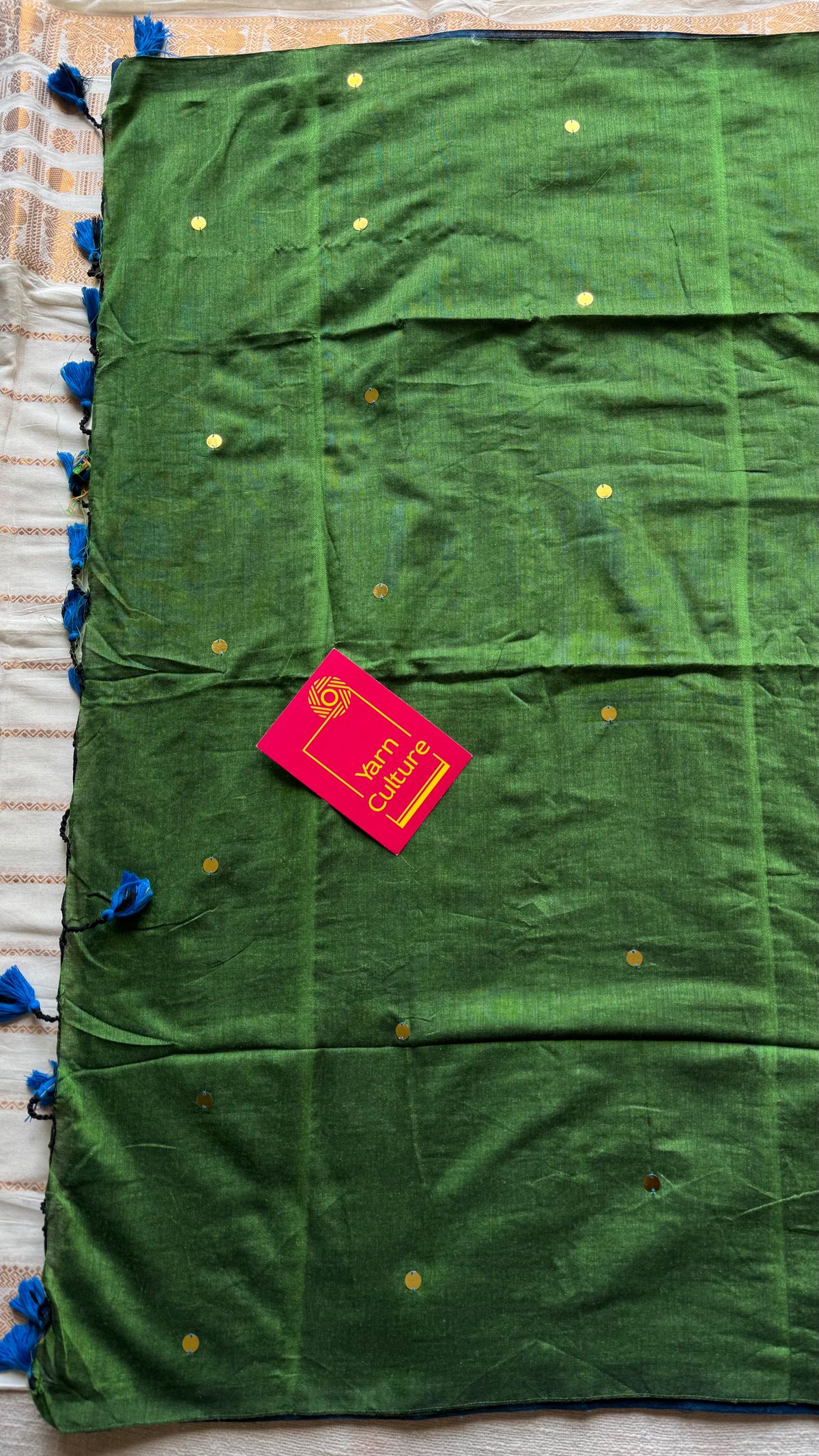 Blue with green contrast pallu, gini sequins, soft cotton saree - YCBCSCOC03