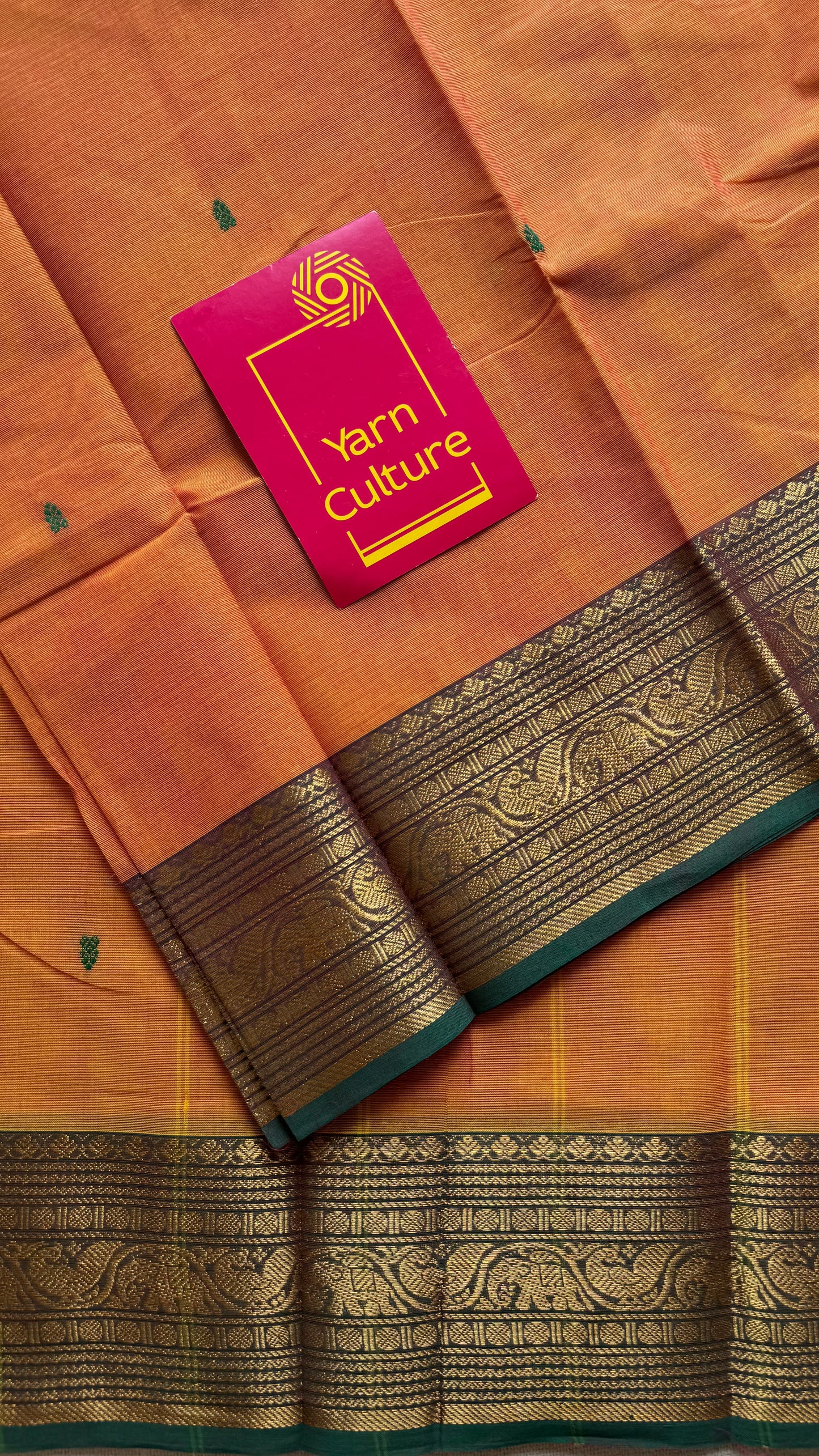 Kanchi cotton saree, light orange with green zari border - YCCOTNAP80
