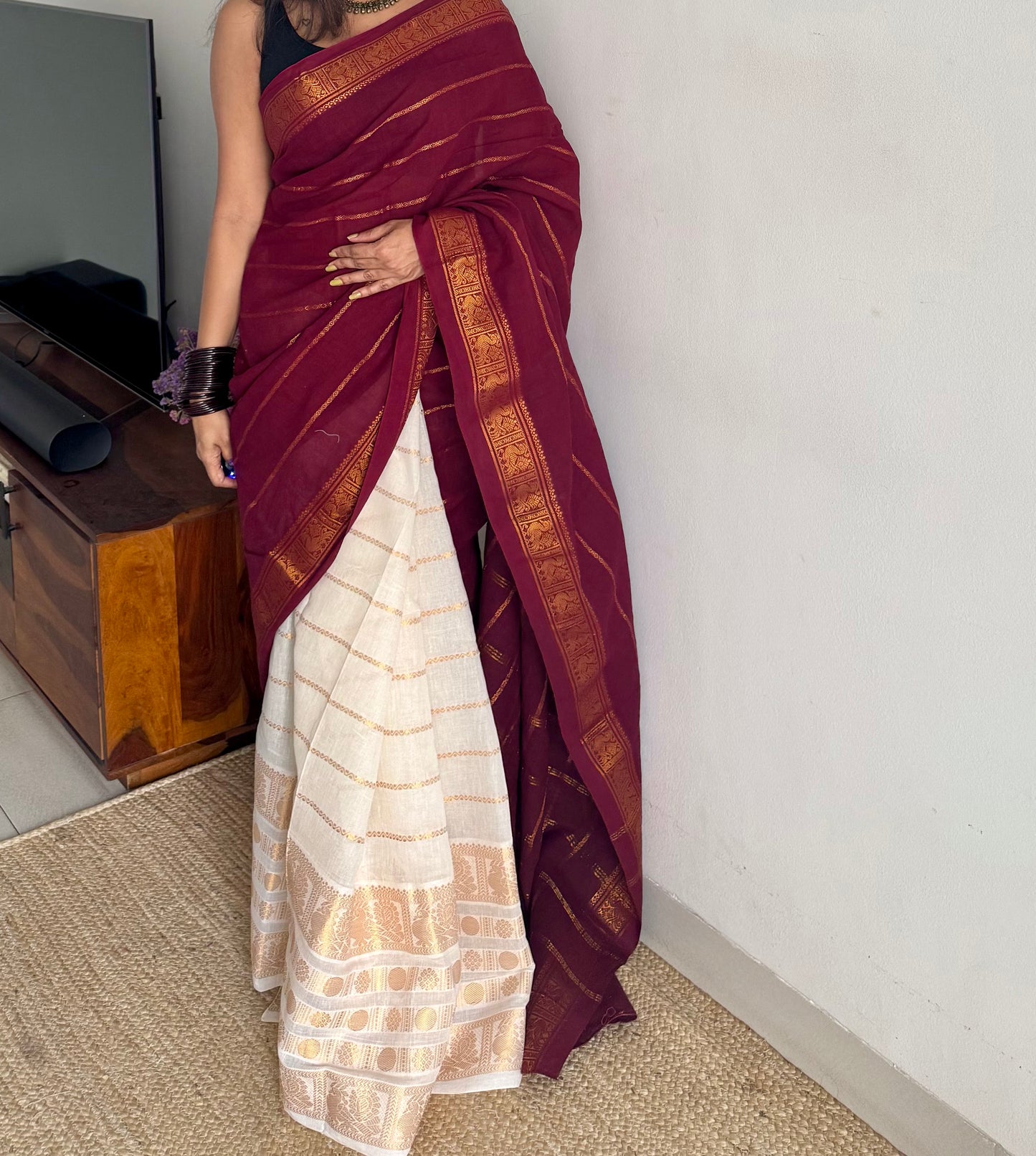 Maroon with cream, sungudi cotton half-half saree - YCCOTNMSFE355