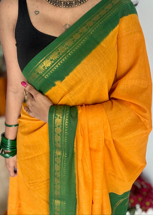 Yellow with green border sungudi, kattuchayam dyed, madurai cotton - YCCOTNSEMS99