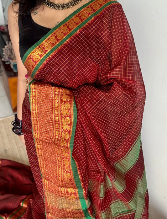 Maroon checks with zari border, premium narayanpet, soft cotton - YCWOTDOCNP06
