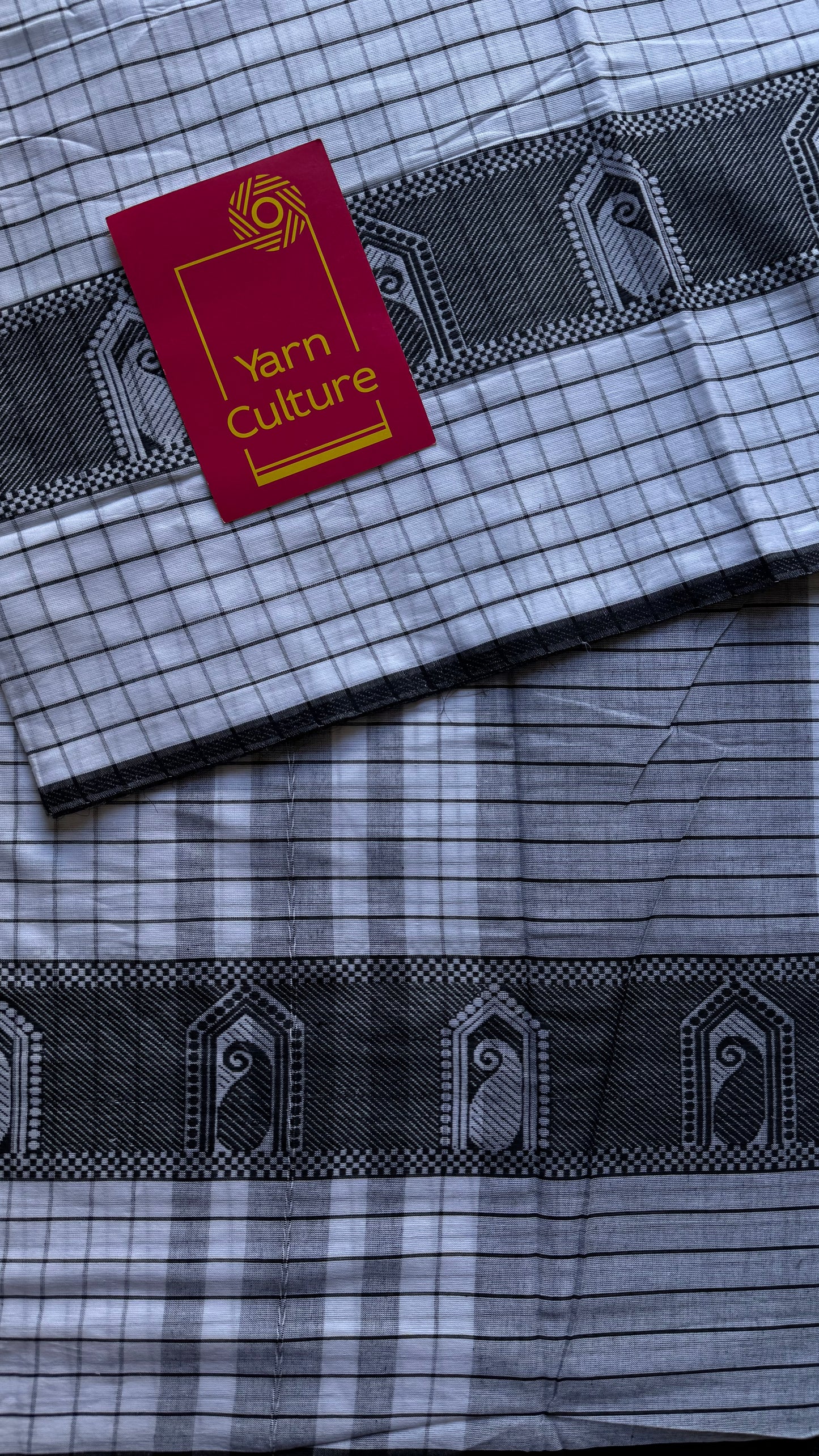 Dhonekhali handloom soft cotton saree, black and white checks, black thread motif worked border - YCBCDFE265
