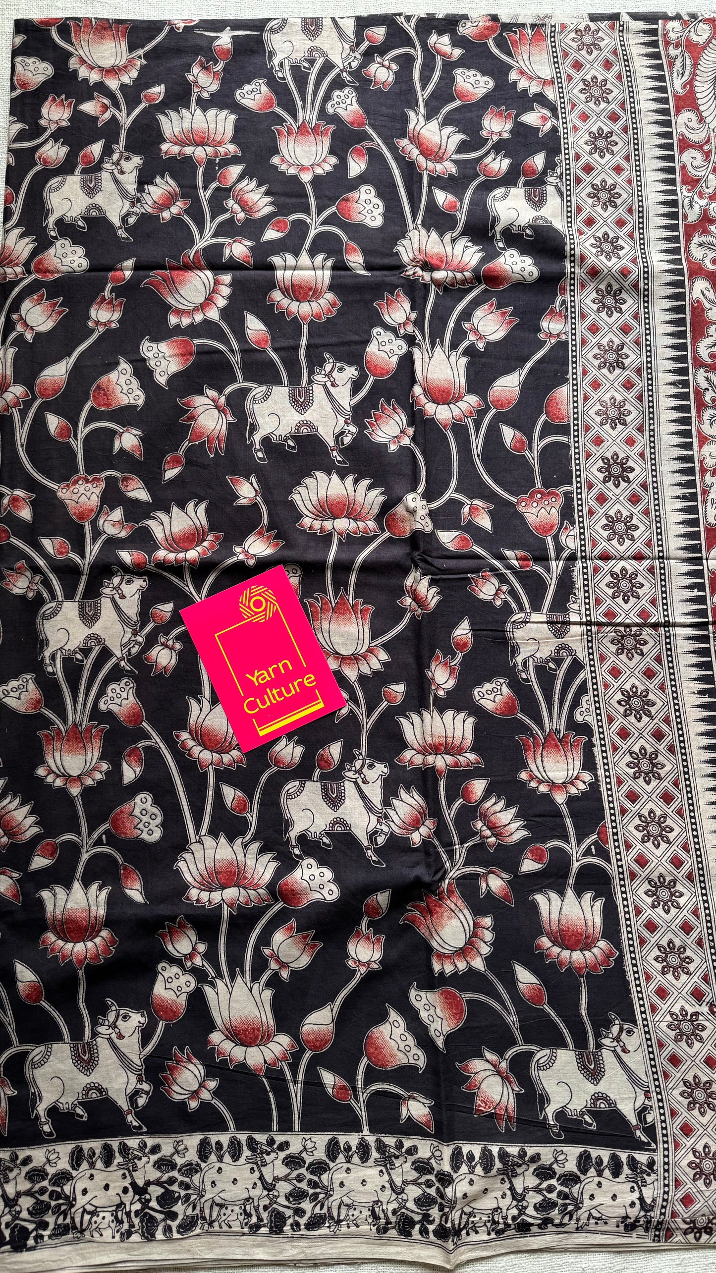 Black with brick red pichwai motif kalamkari, soft cotton - YCWOTDOCMP87