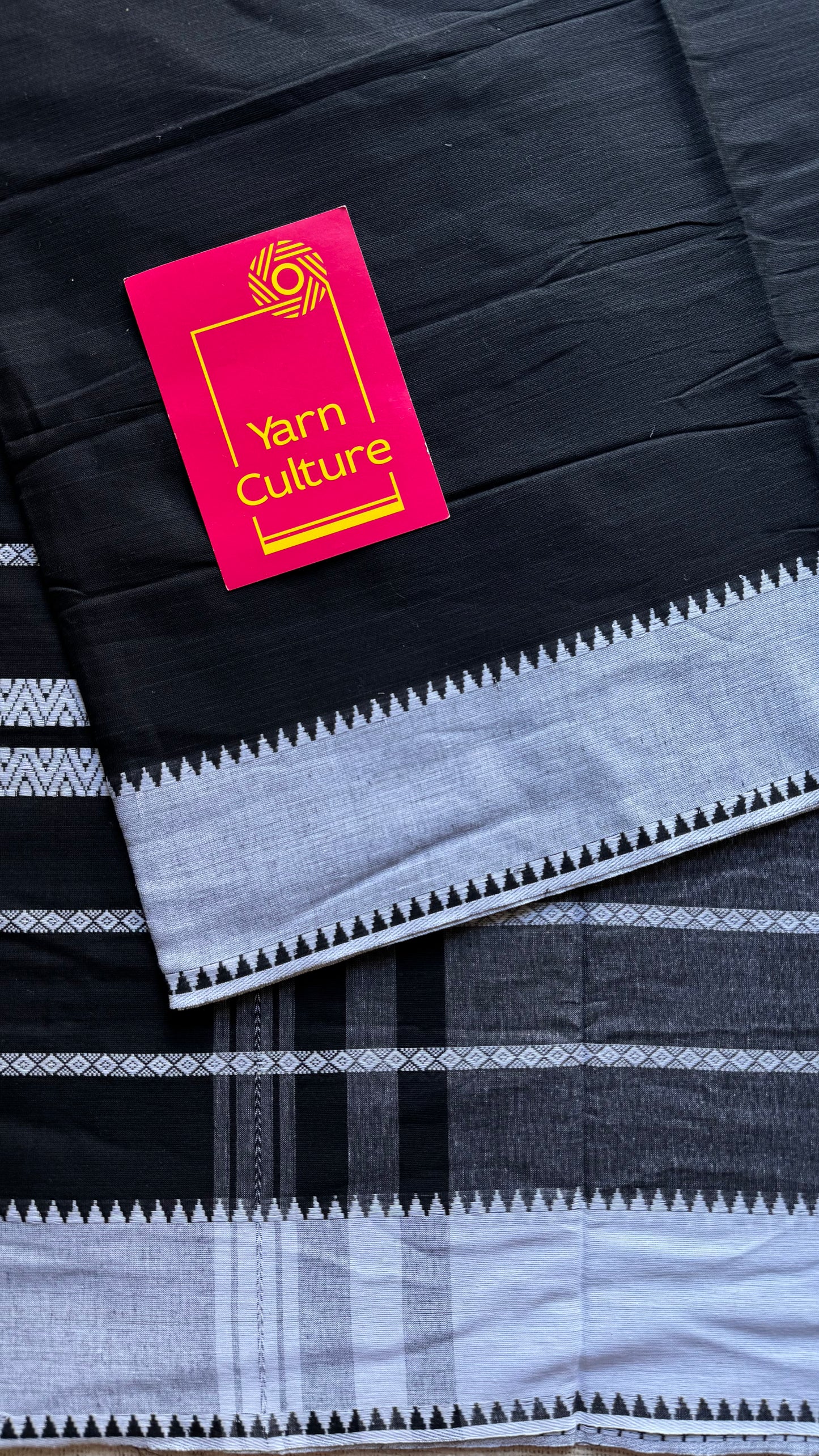 Dhonekhali handloom soft cotton saree, black with white woven threadwork and border - YCBCDFE267