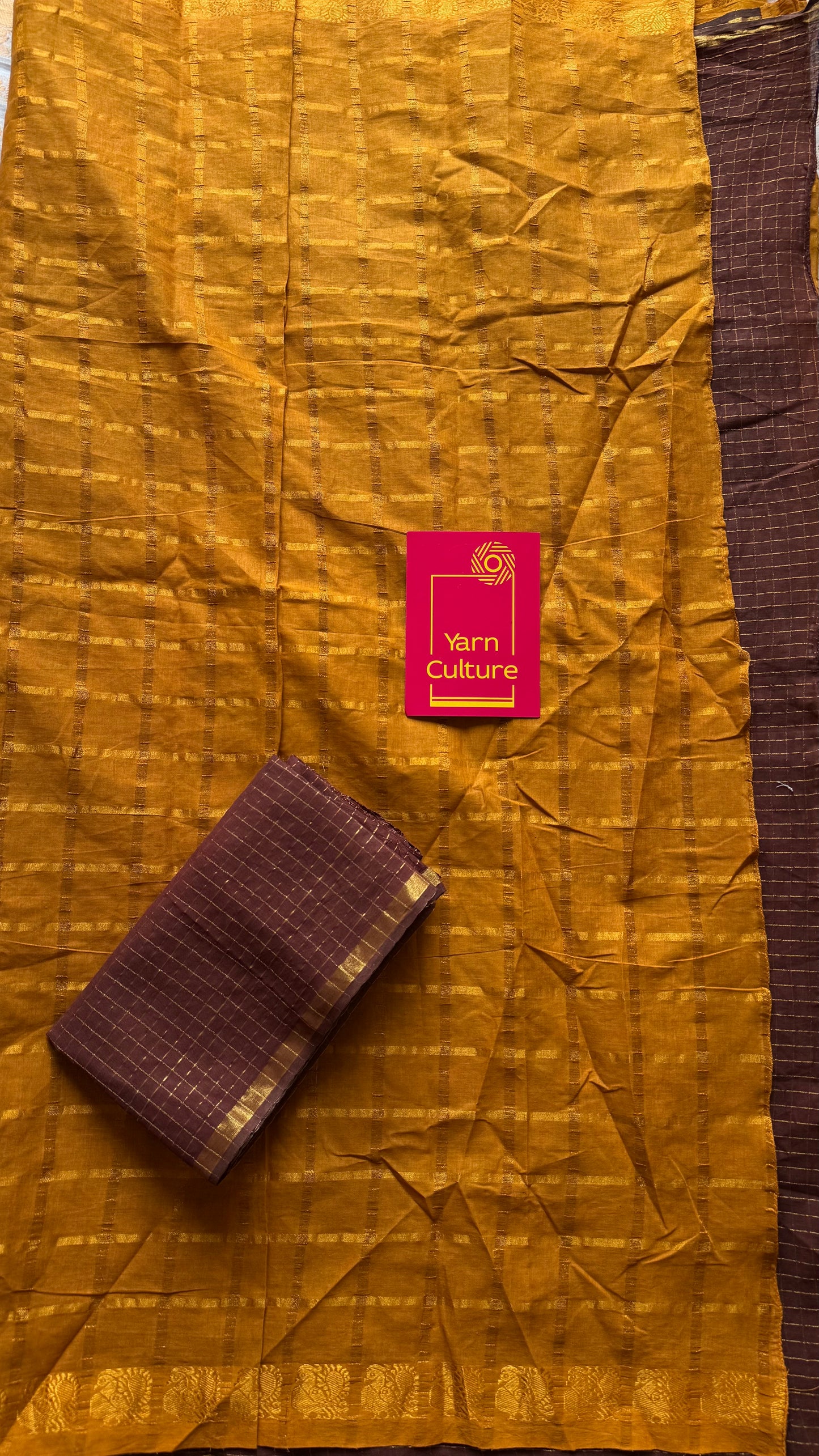 Turmeric yellow with brown, sungudi cotton half-half saree - YCCOTNIDMA314