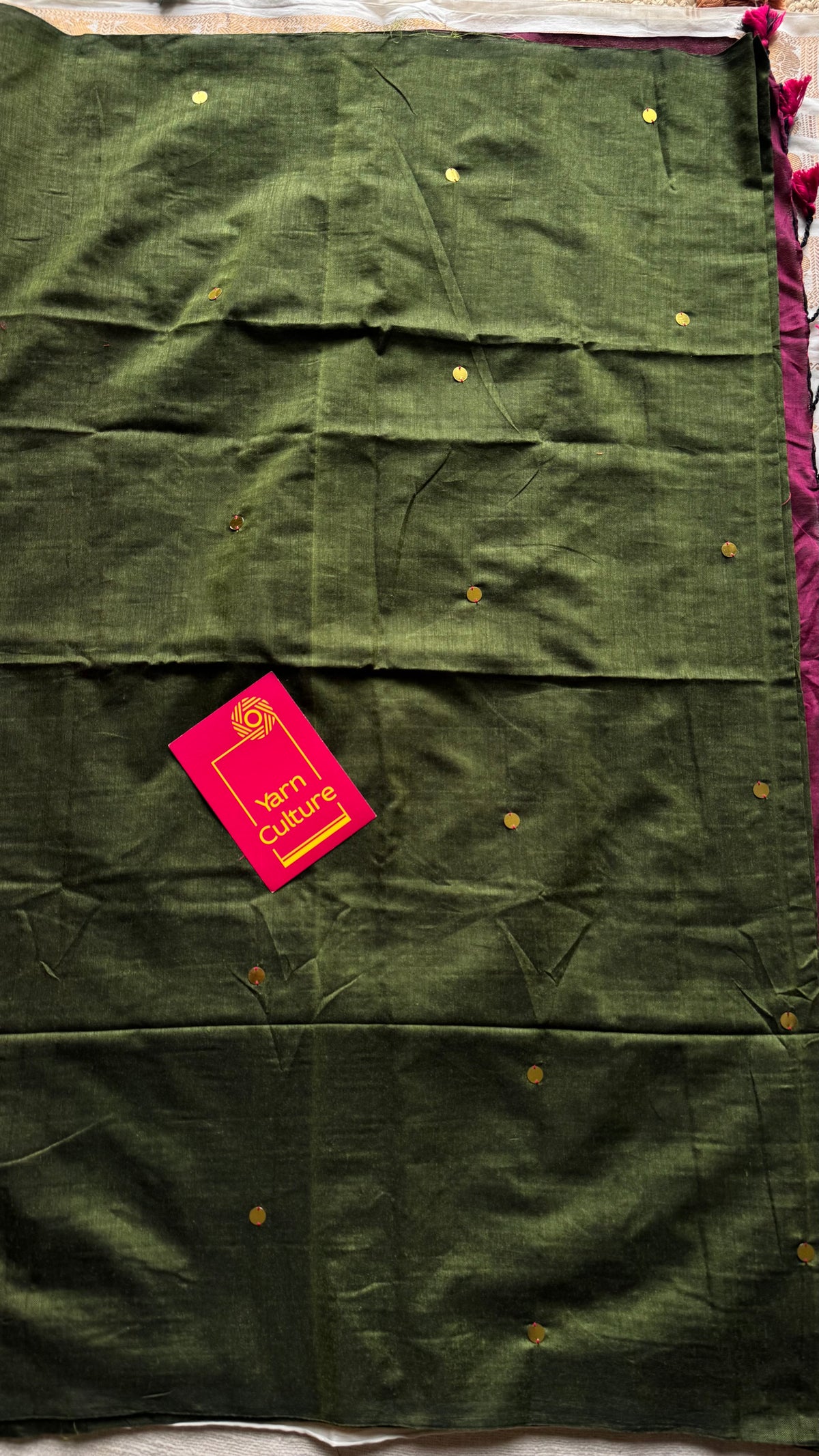 Olive green with ruby contrast pallu, gini sequins, soft cotton saree - YCBCSCOC07