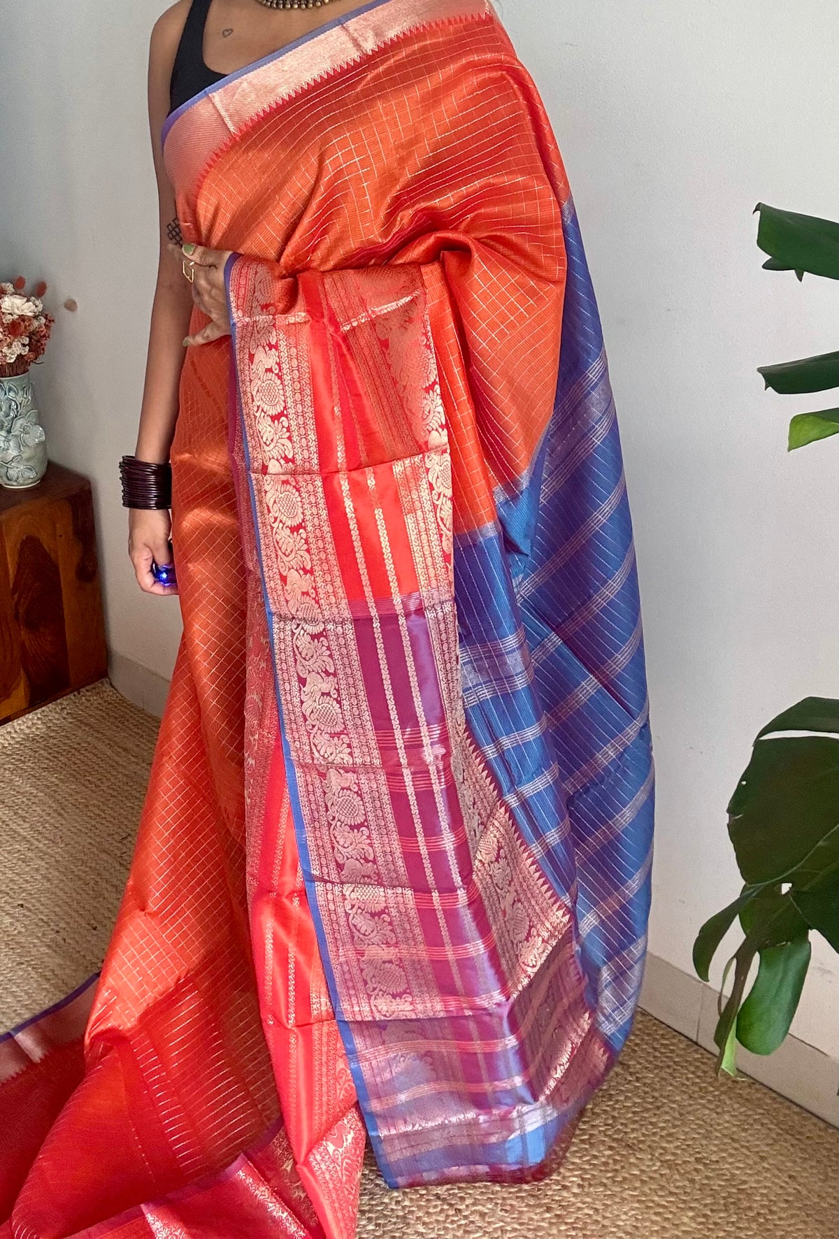 Orange with blue silver zari checks, silver and gold peacock woven zari border, mangalgiri silk cotton, handwoven, soft, light weight - YCWOTDMSCOC122