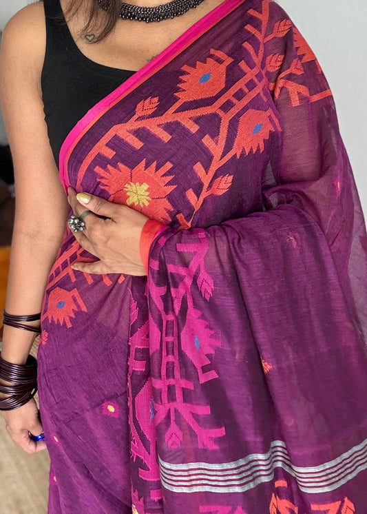 Purple with pink and orange jamdani saree in mul cotton - YCBCJDFE384