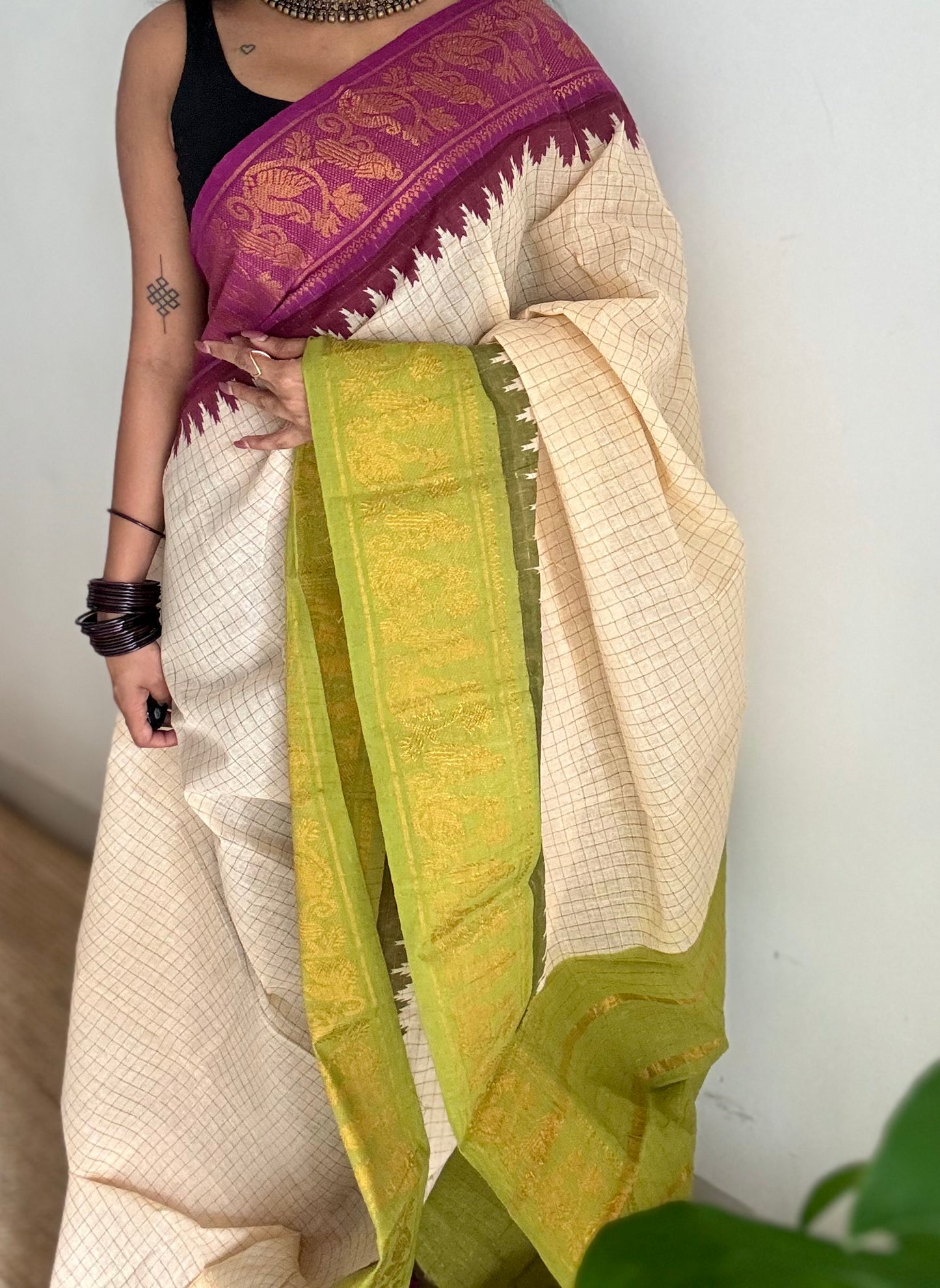 Sungudi cotton checks, ivory gold base, magenta and lime green dual tone border, soft cotton - YCCOTNMSJUL09