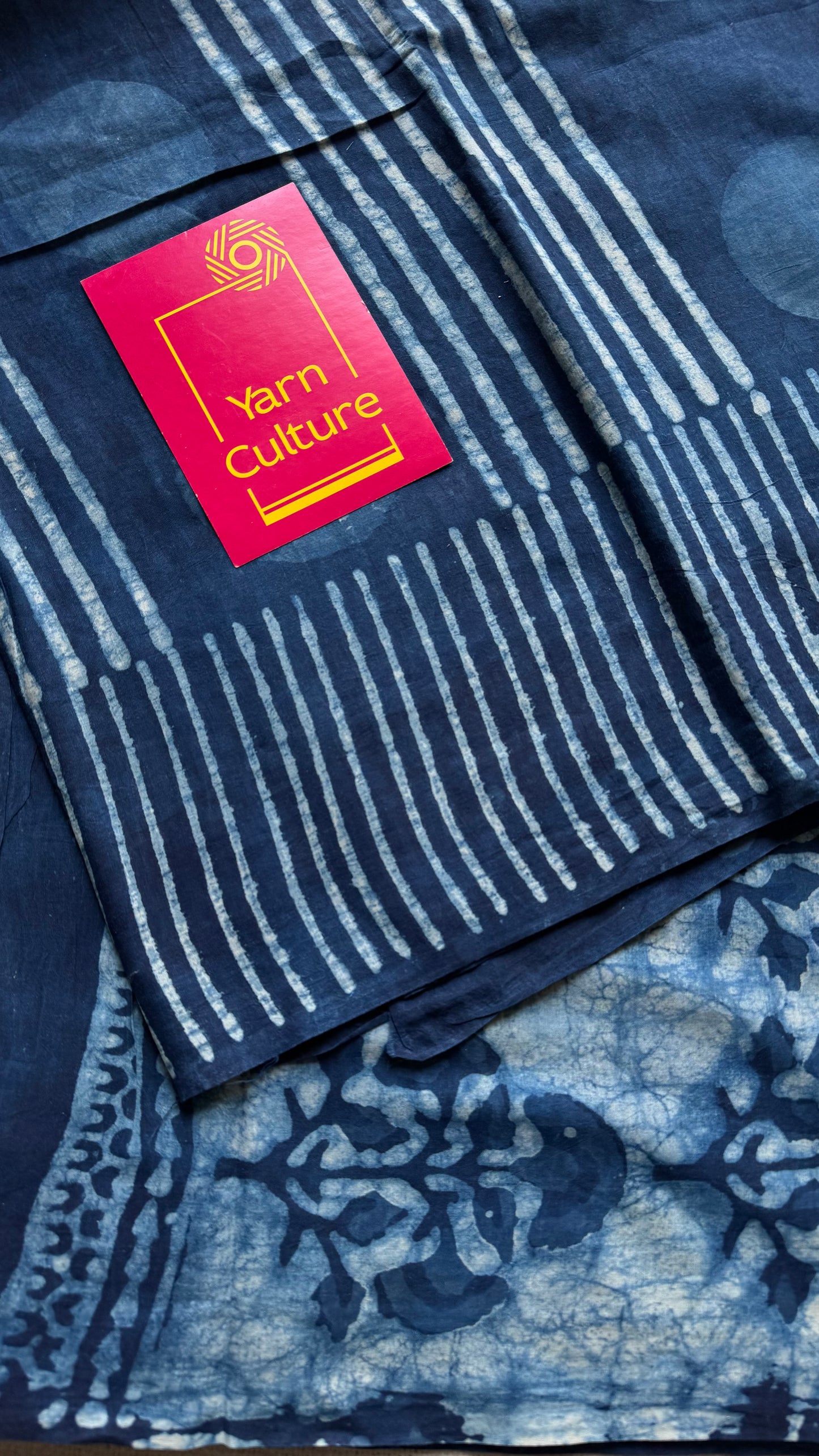 Indigo with circle and line motifs, block printed soft cotton saree - YCTORCMA24