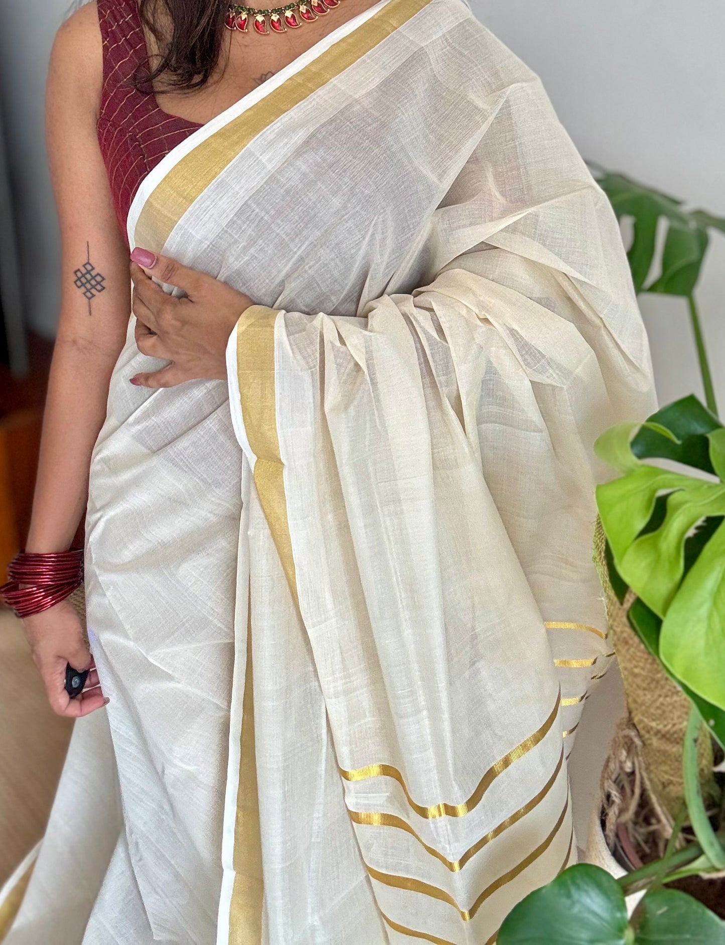 Handloom, woven in Chendamangalam Looms, ivory with gold striped pallu - YCIEON147