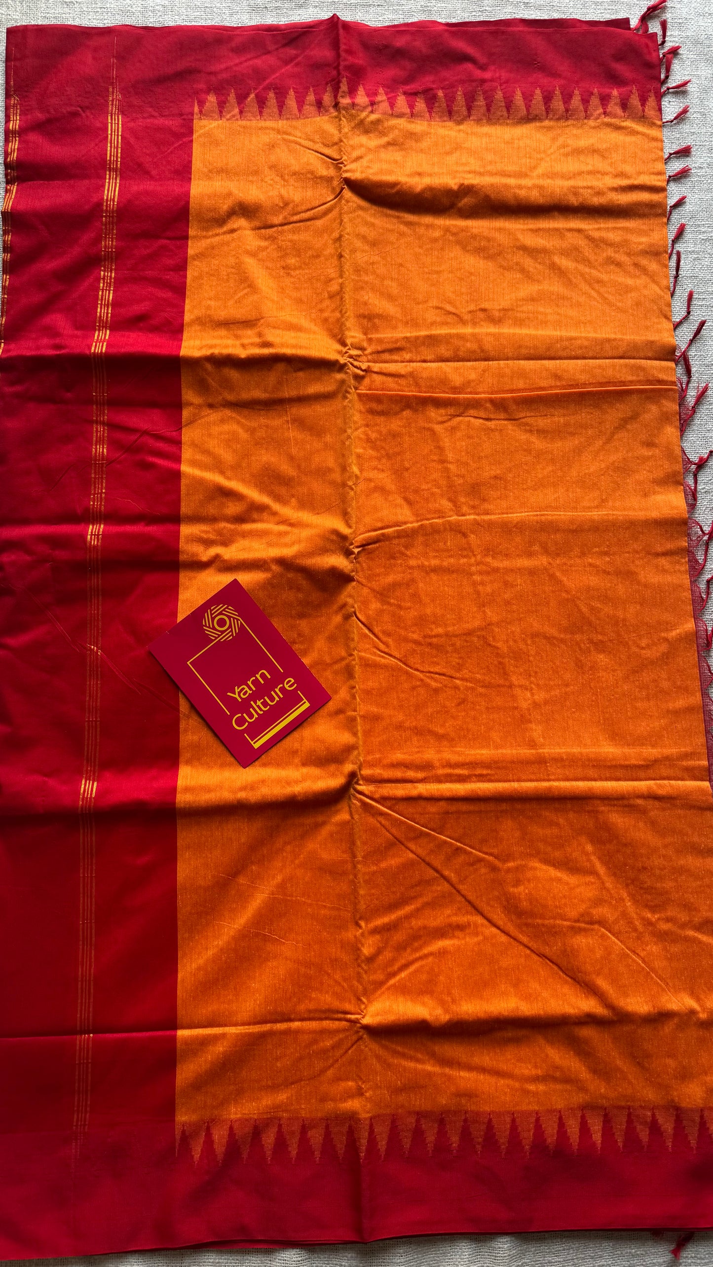 Light orange with red contrast, temple border saree, cotton silk - YCCOTNTBFE55