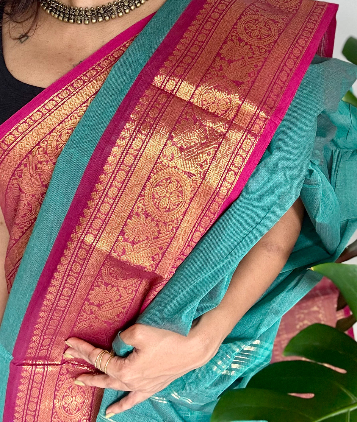 Jade green with ruby pink zari border chettinad cotton saree - YCCOTNCKSE14