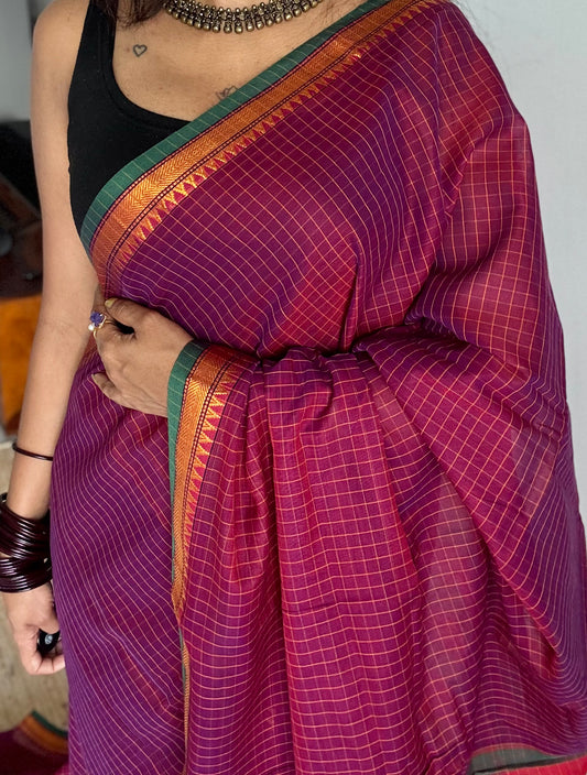 Dark magenta with yellow checks, cotton silk blend, premium narayanpet saree - YCWOTDFE246