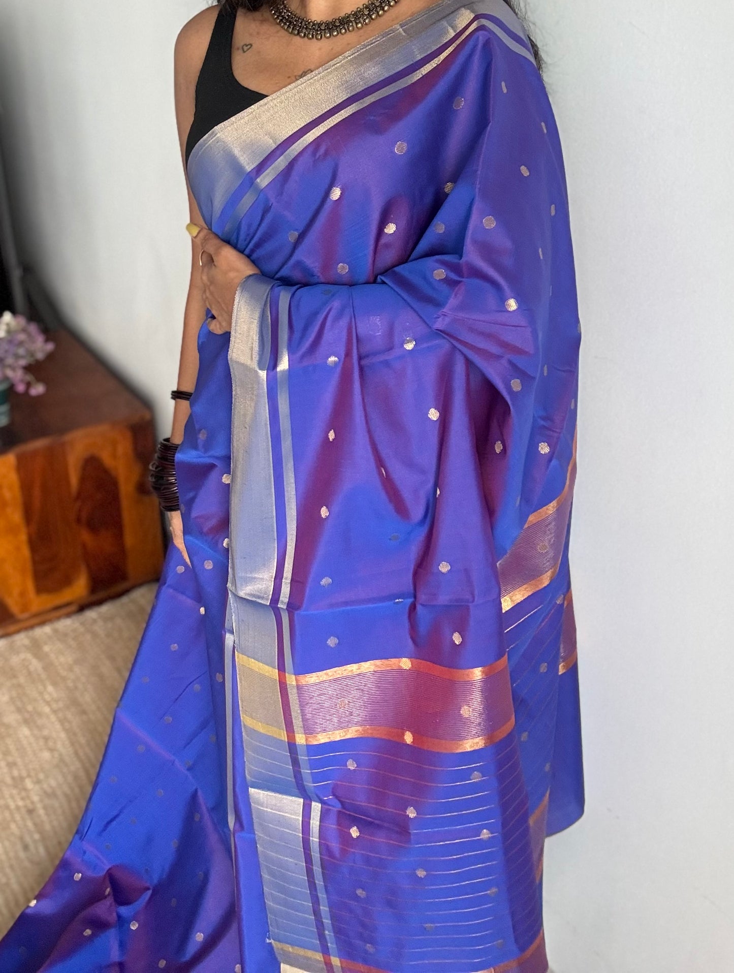 Purple with antique gold silver dual tone border & buttas, semi katan silk - YCBLSSJA19