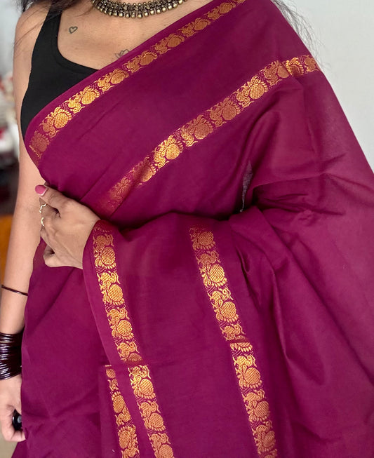 Dark purple pink (vadamalli) rettaipettu peacock double bordered, kattuchayam dyed madurai cotton saree  - YCCOTNMSAP210