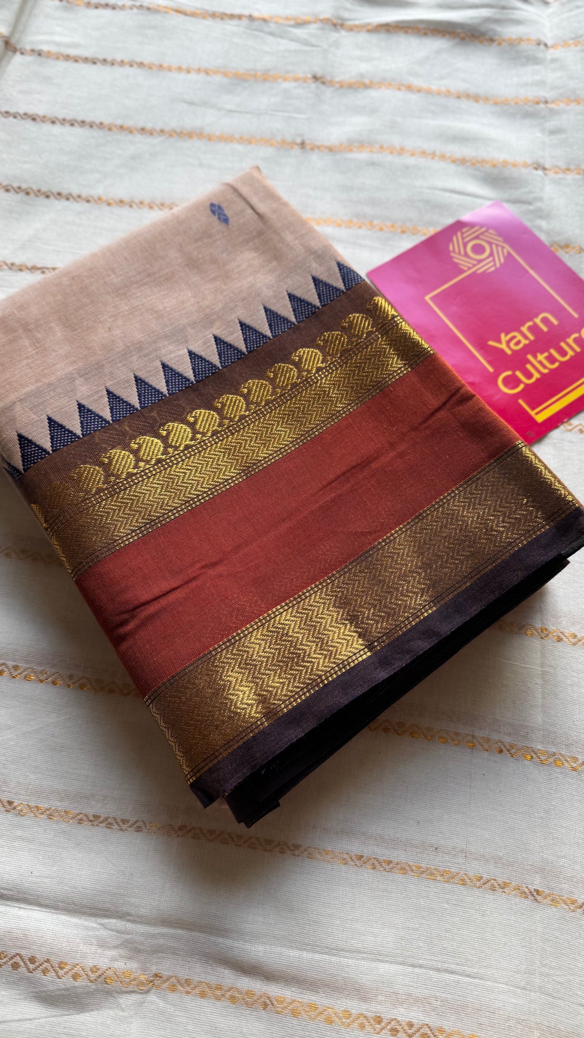 Beige with rust orange and brown zari border kanchi cotton saree - YCCOTNCKSE19