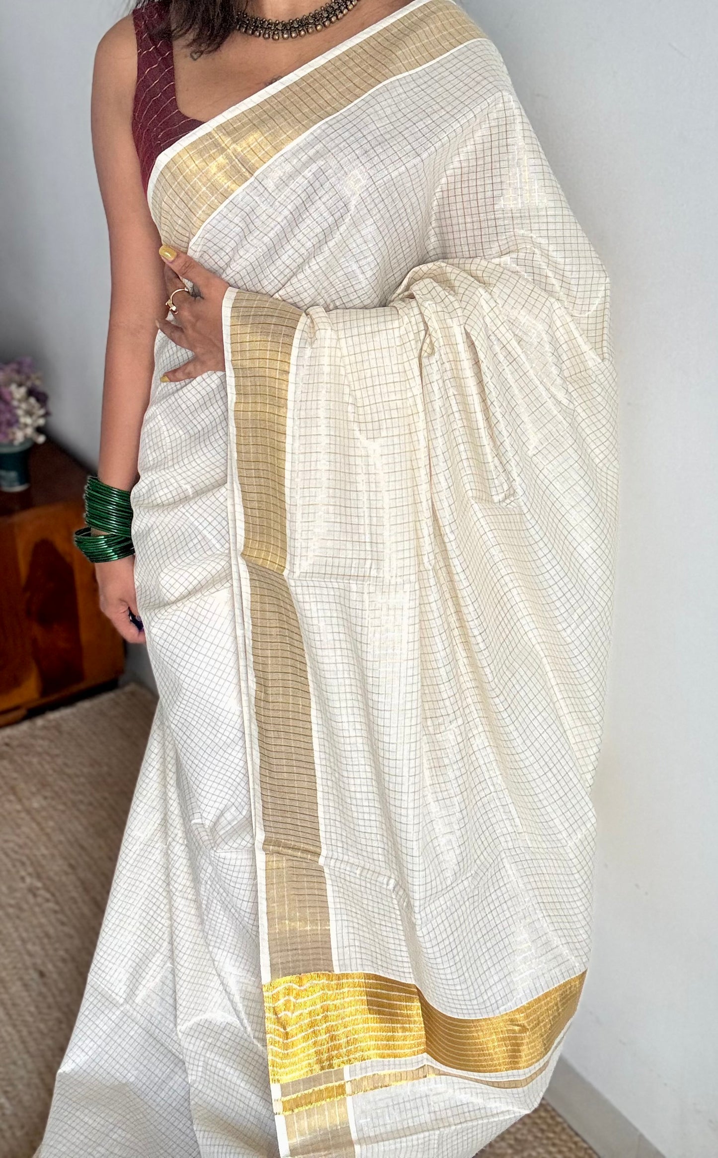 Ivory Kerala tissue cotton saree with silver and gold checks - YCIEKCFE308