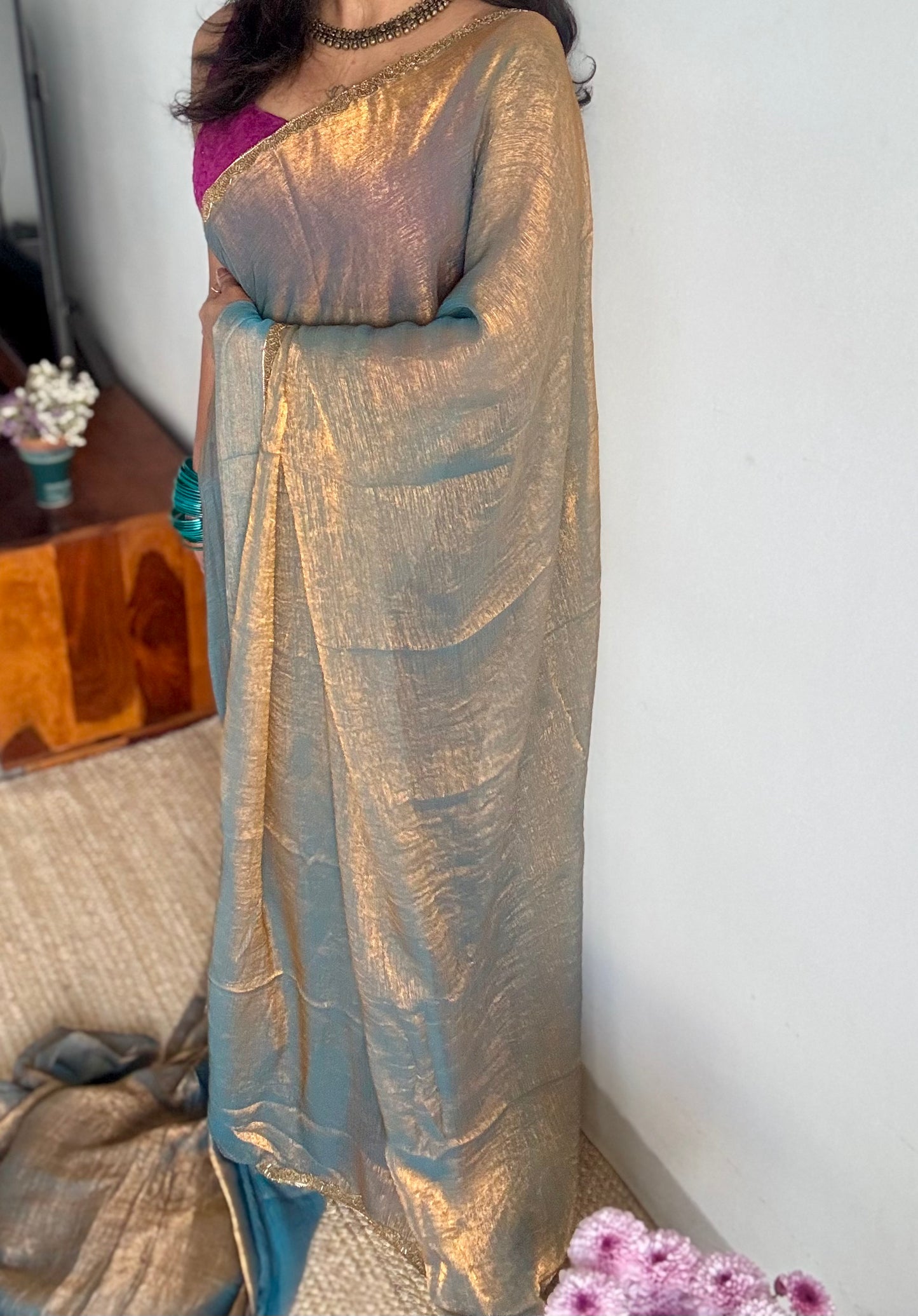 Teal Appeal - teal grey, metallic dual tone space silk, embellished border - YCDOSDE53