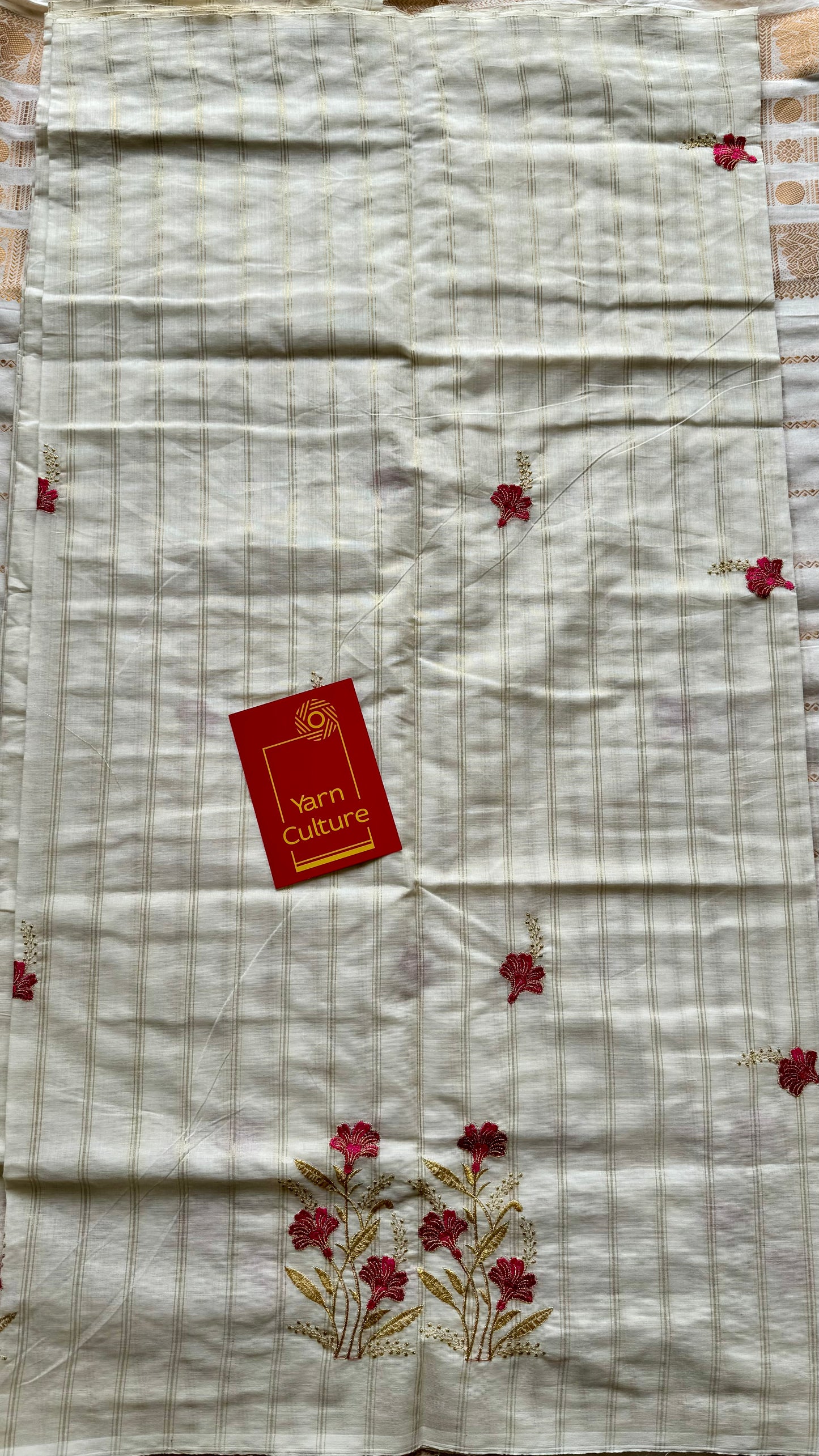 Ivory and gold soft cotton saree, hot pink floral embroidery  - YCIEON54