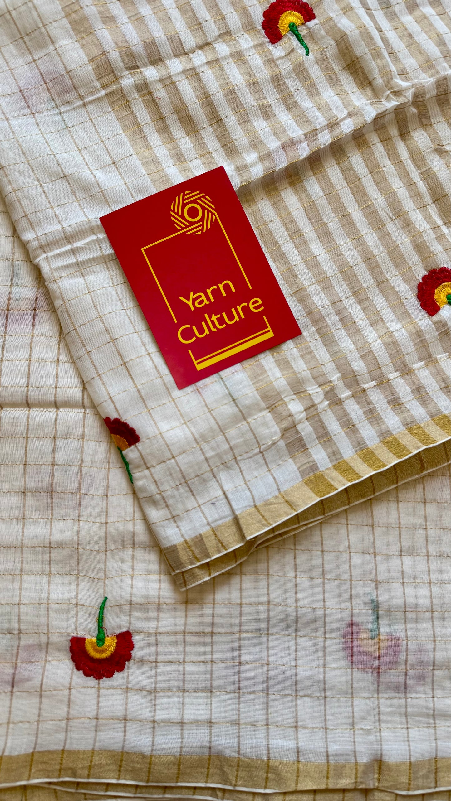 Ivory mul saree, checkered with floral embroidery - YCIEON28