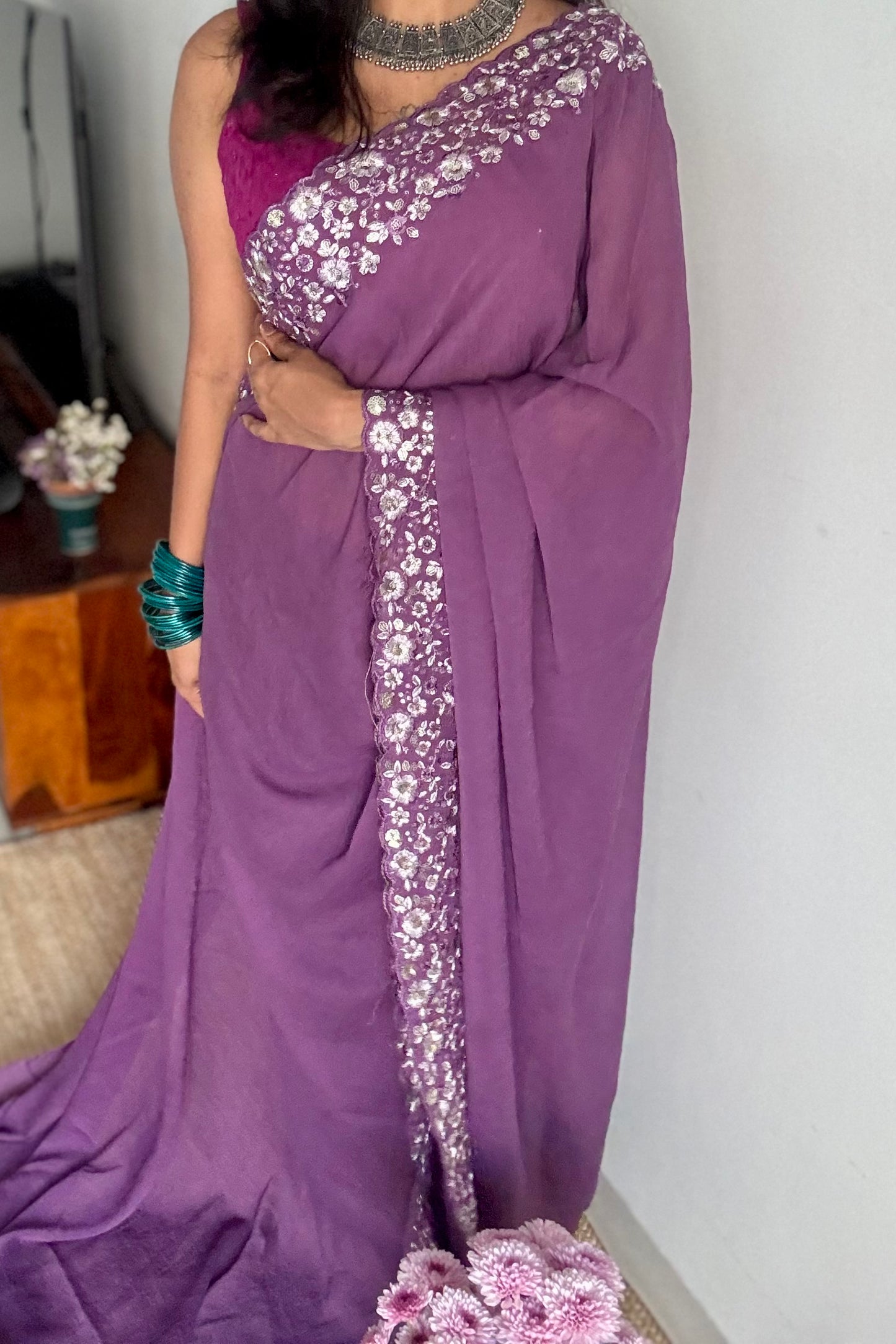 Purple Garden - dark purple with floral sequins embroidered borders, semi-crepe- YCDOSNO47