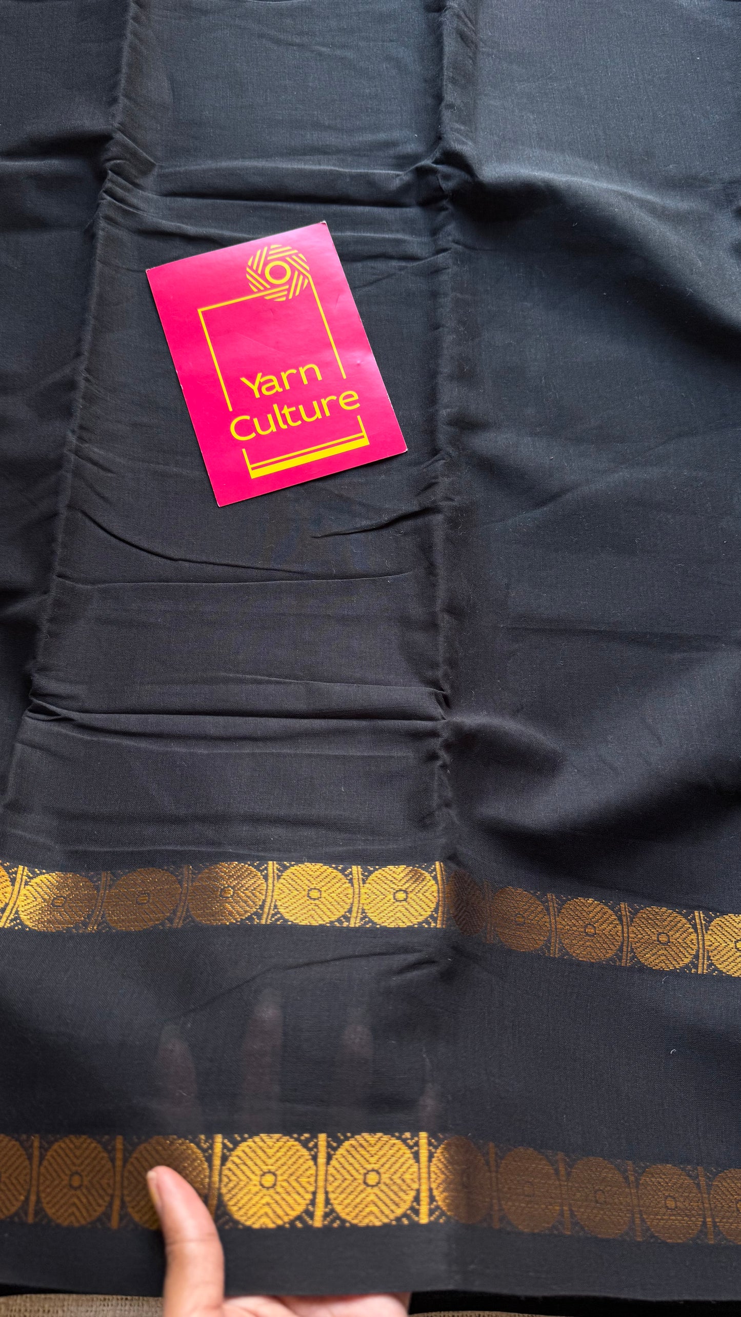Black with round motif gap border, kattuchayam dyed madurai cotton saree - YCCOTNMSFE113