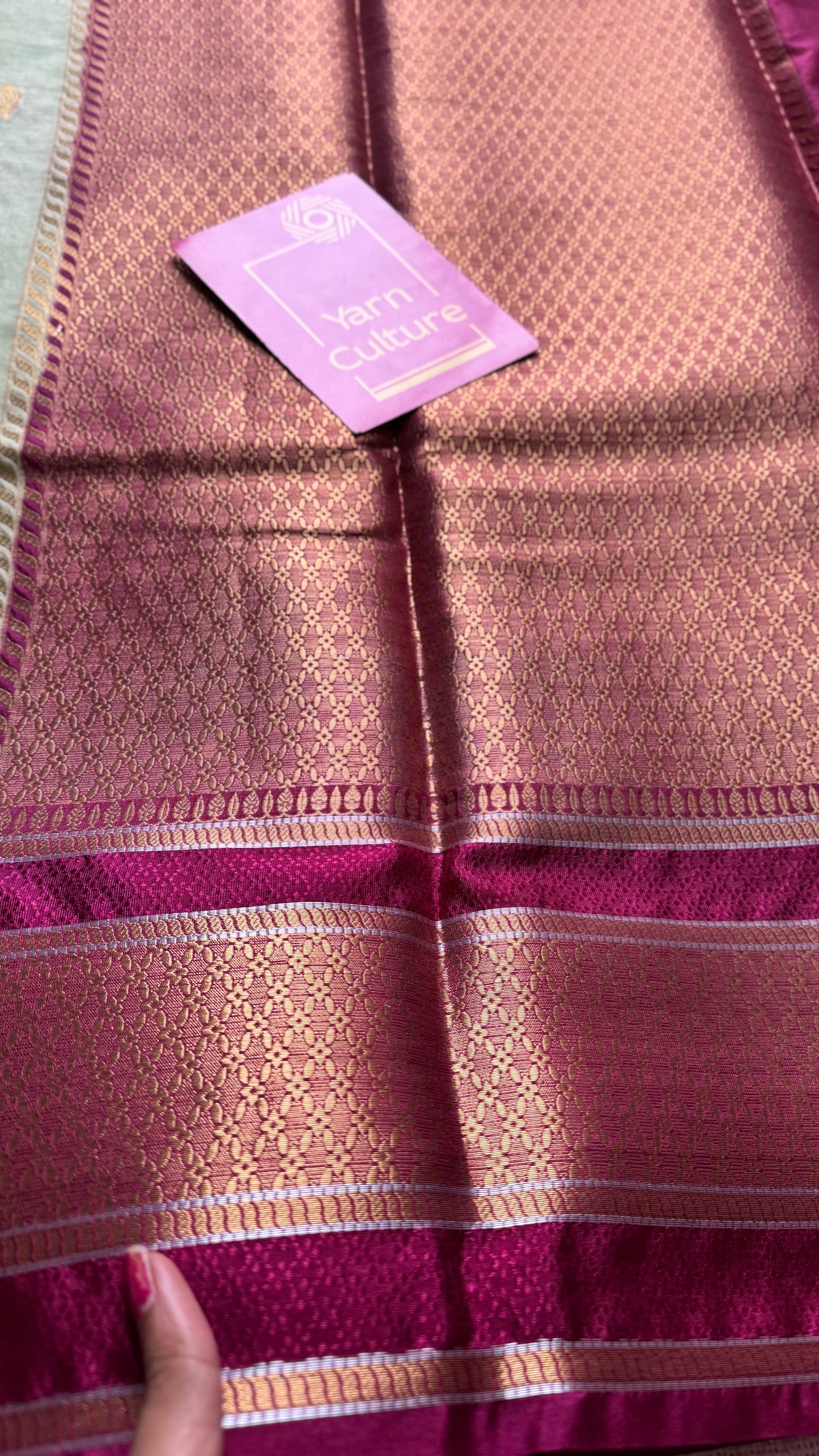 Pista green with maroon border, Banarasi semi-silk - YCDESE05