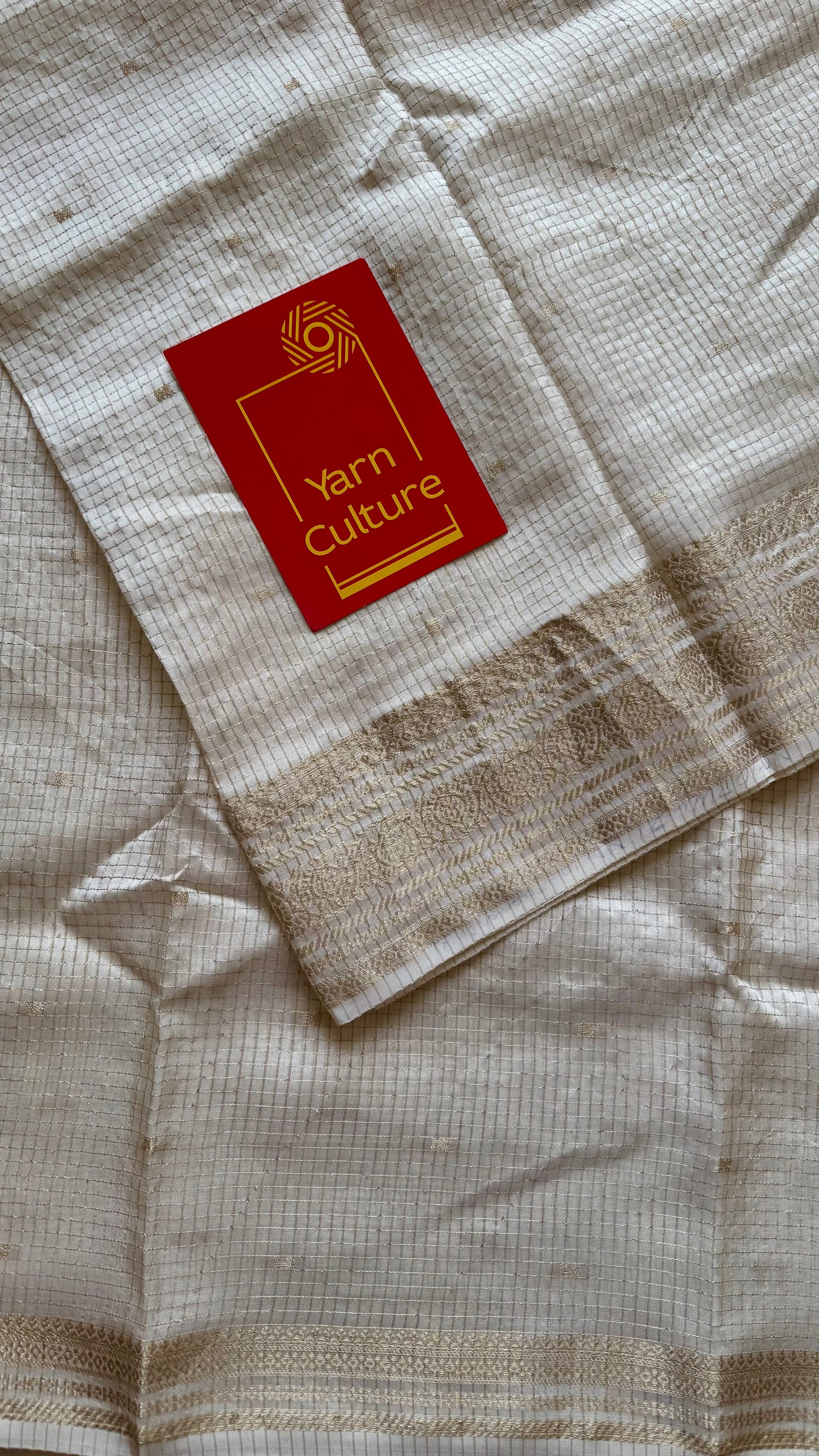 Off white and gold soft georgette saree, checks, gold border - YCIEON84