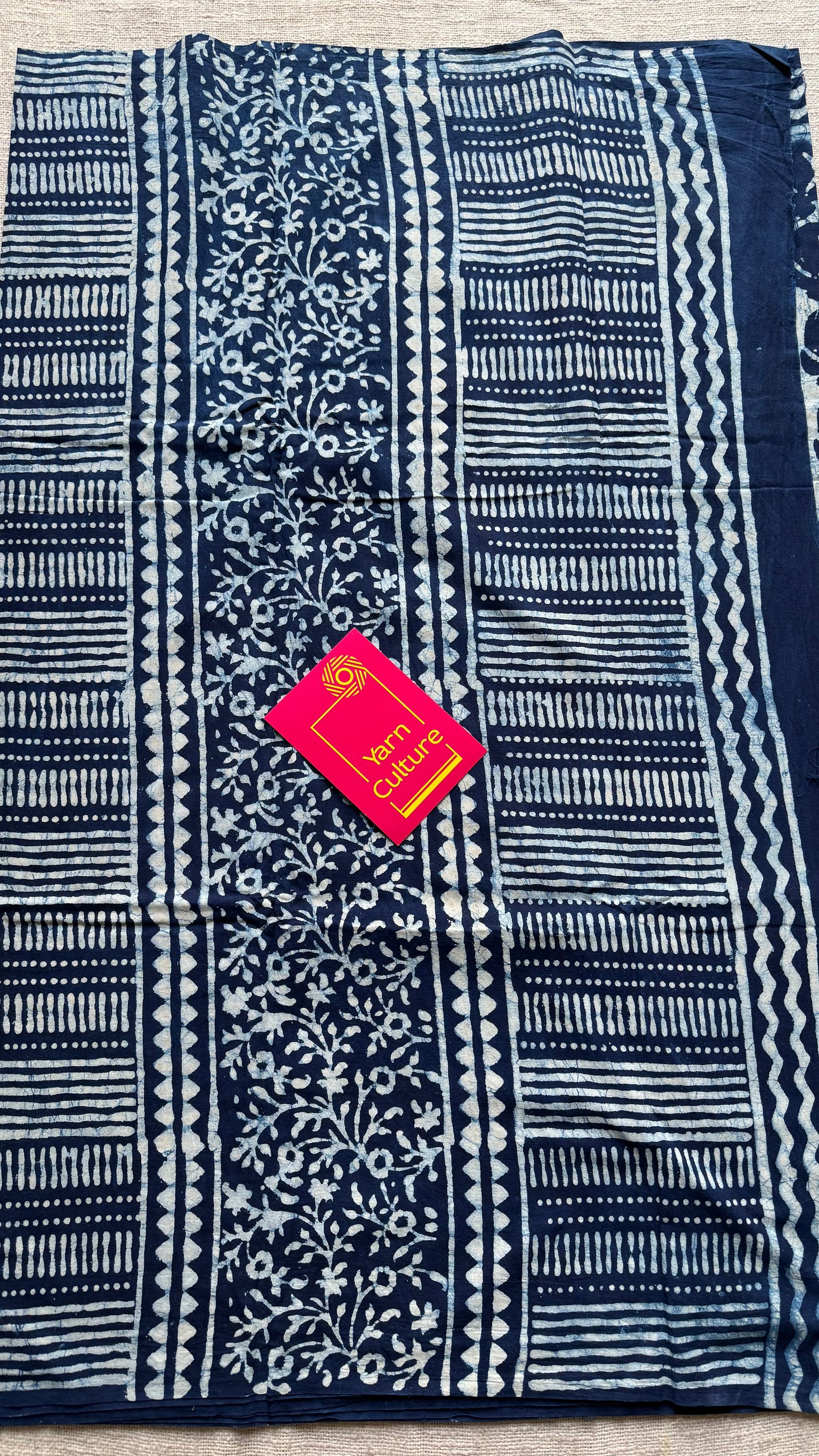 Beige with indigo paisley motifs, block printed soft cotton saree - YCTORCMA10