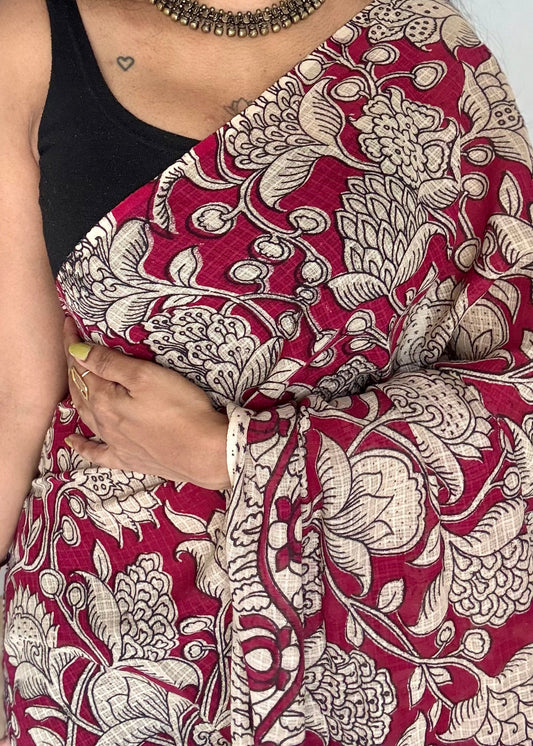 Crimson floral kalamkari saree in kota - YCWOTDMA354
