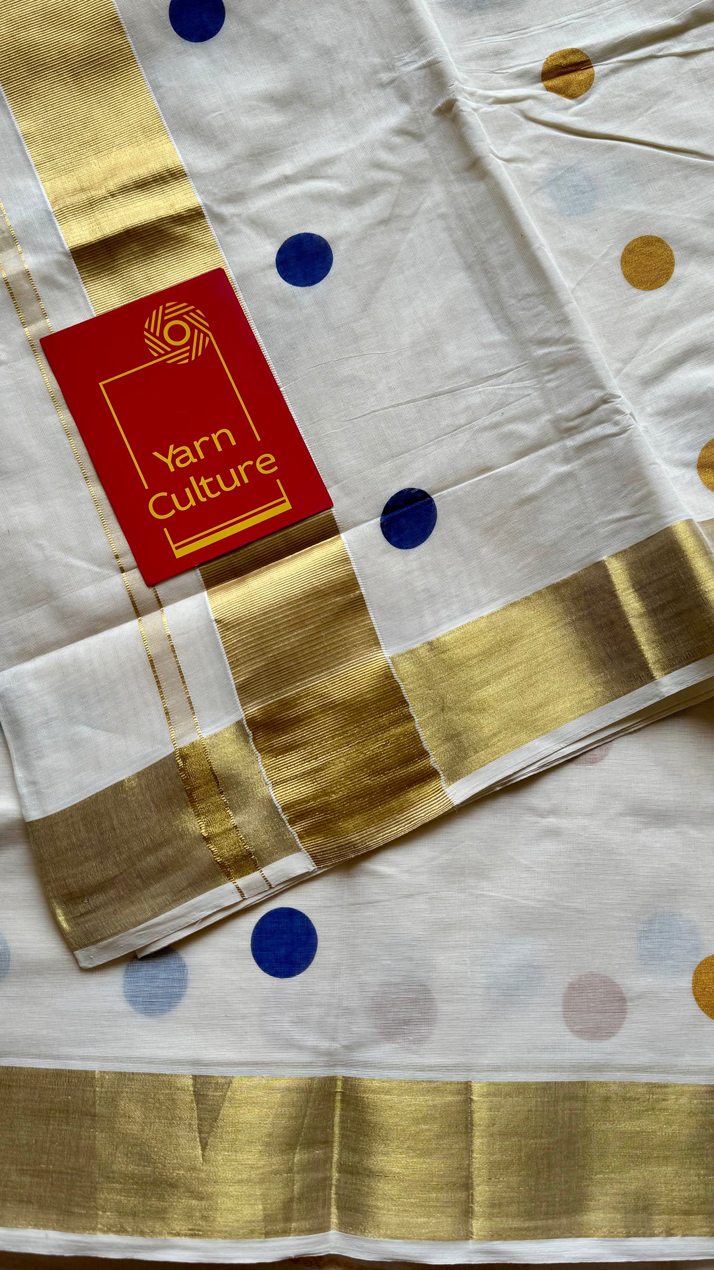 Ivory and gold soft cotton kasavu saree, navy blue and yellow polka - YCIEON73