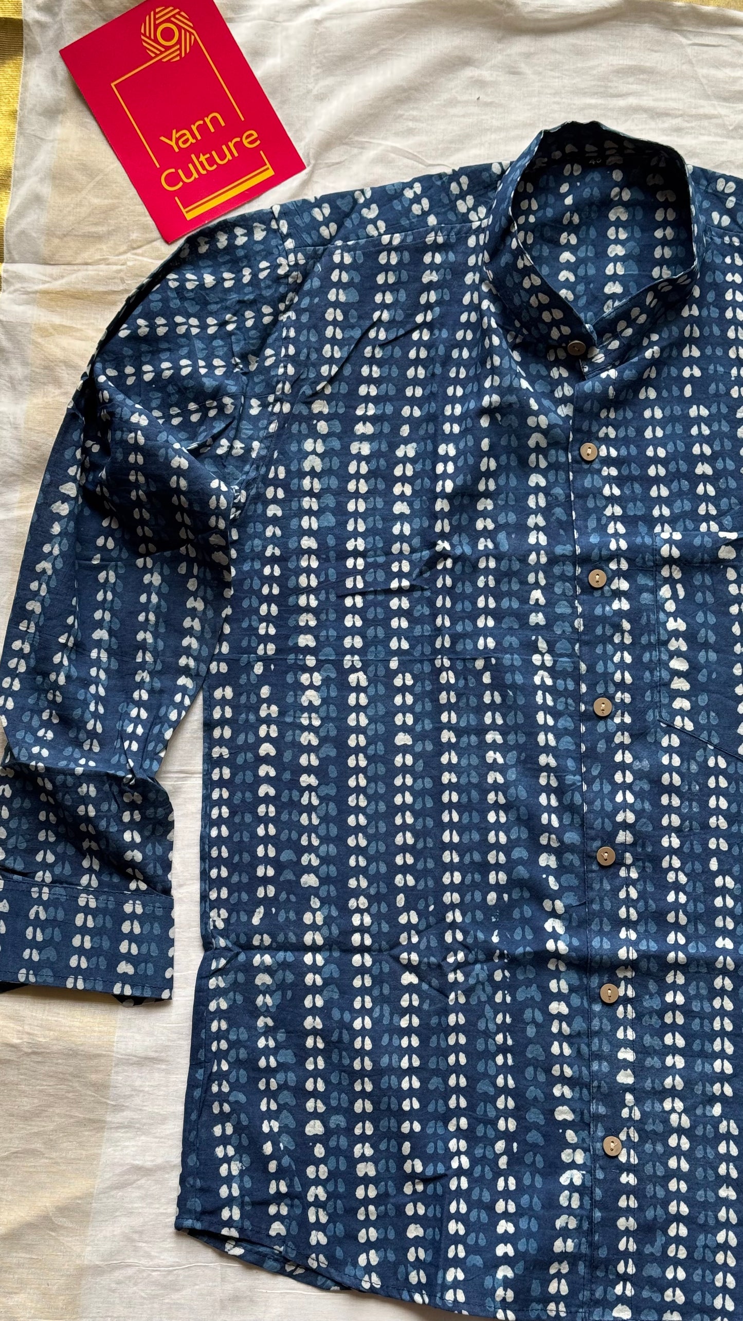 Indigo Striped Motif Block Printed Cotton Men's Mandarin Collar Kurta Shirt - YCMSEIE196