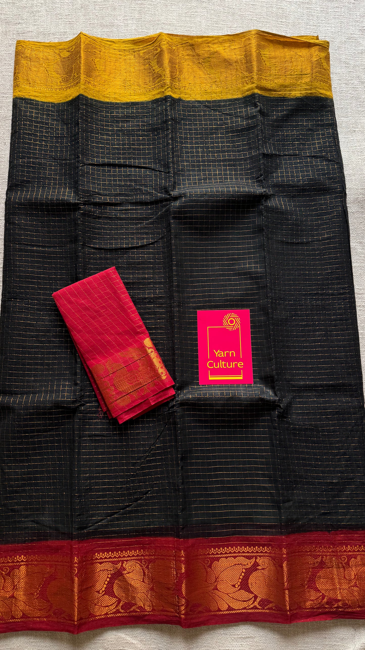 Sungudi cotton checks, black base, red and yellow dual tone border, soft cotton - YCCOTNGJJA181