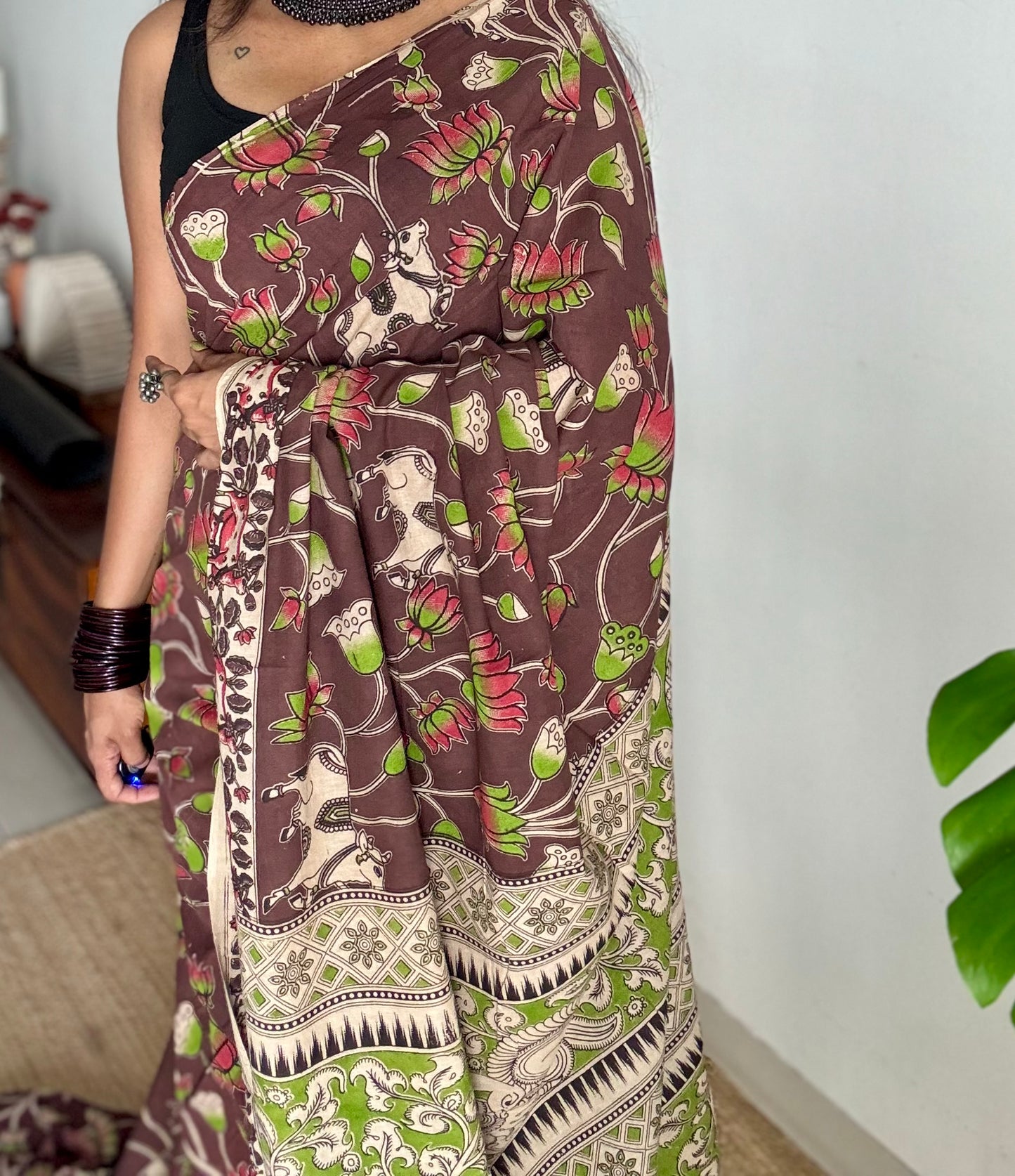 Brown kalamkari saree, multicoloured floral vines, soft cotton - YCWOTDMA344