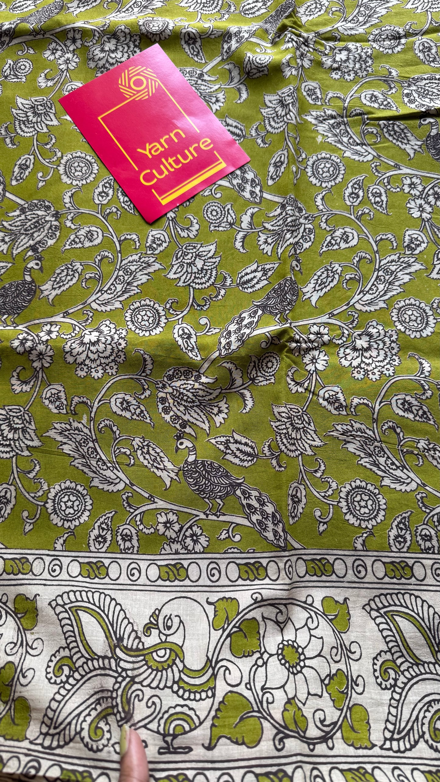 Light green kalamkari saree, floral vines, soft cotton - YCWOTDMA345