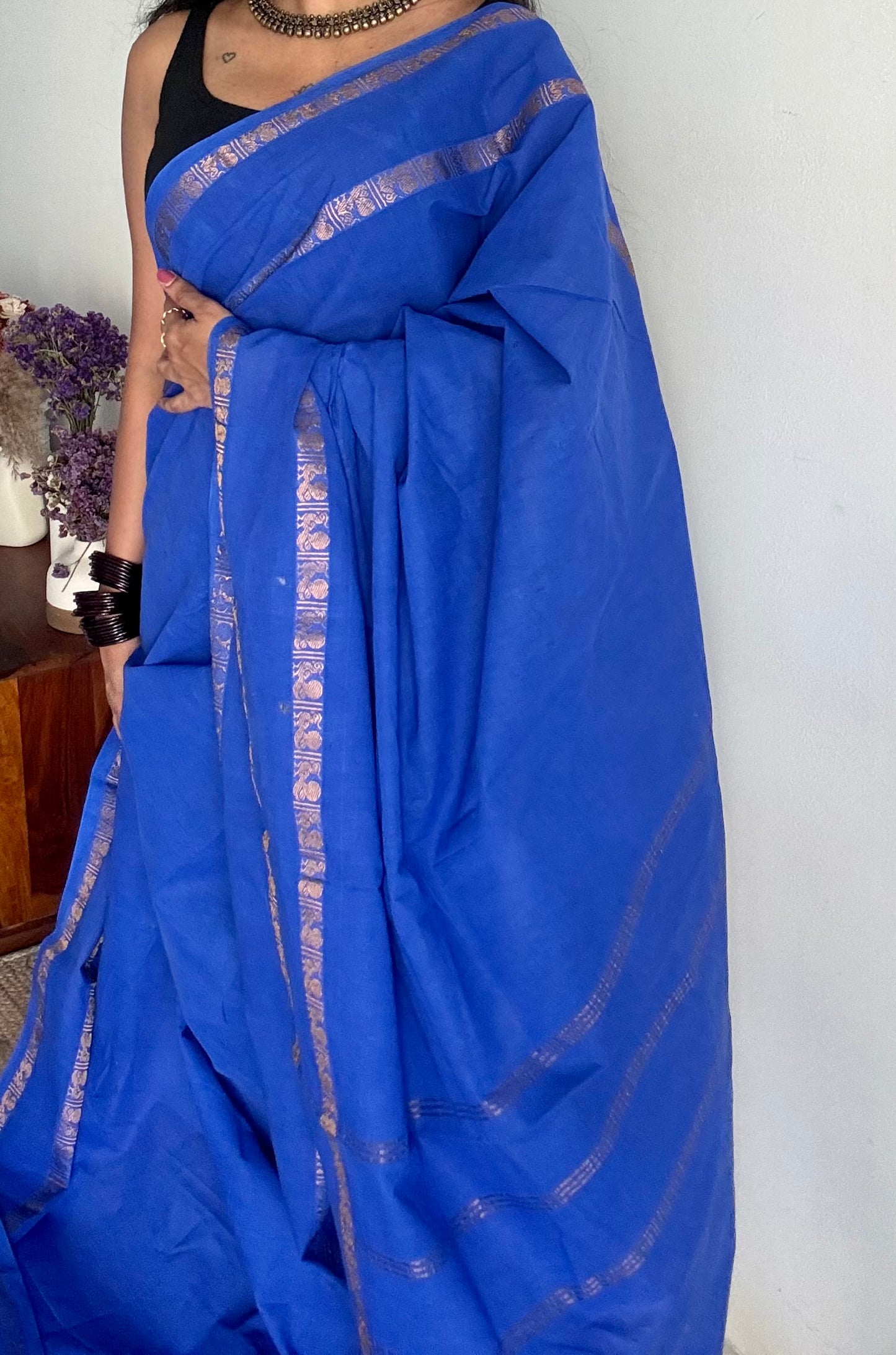 Electric blue rettaipettu peacock gap border, kattuchayam dyed madurai cotton saree  - YCCOTNMSAP97