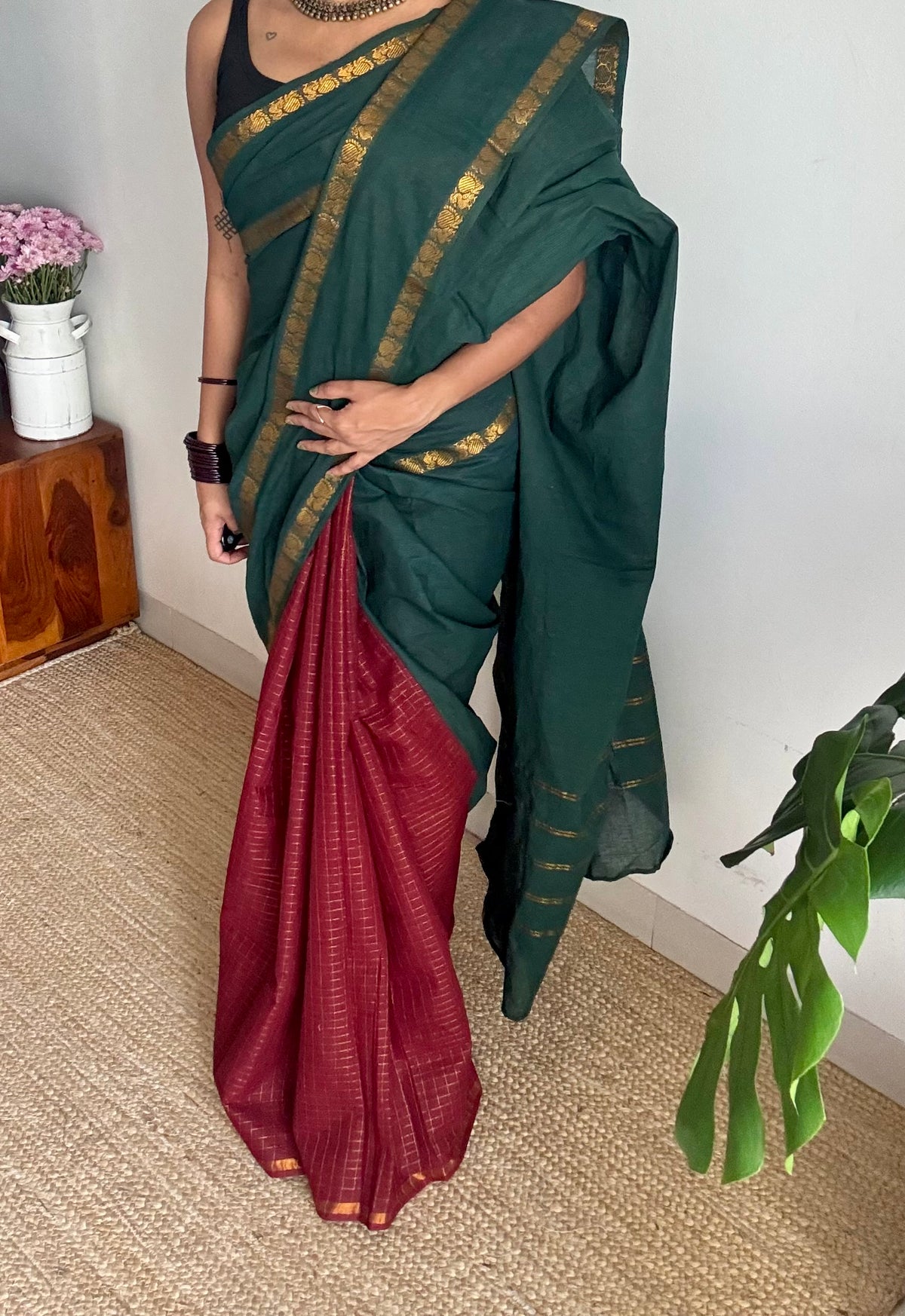 Dark green with maroon, sungudi cotton half and half saree - YCCOTNIDOC157