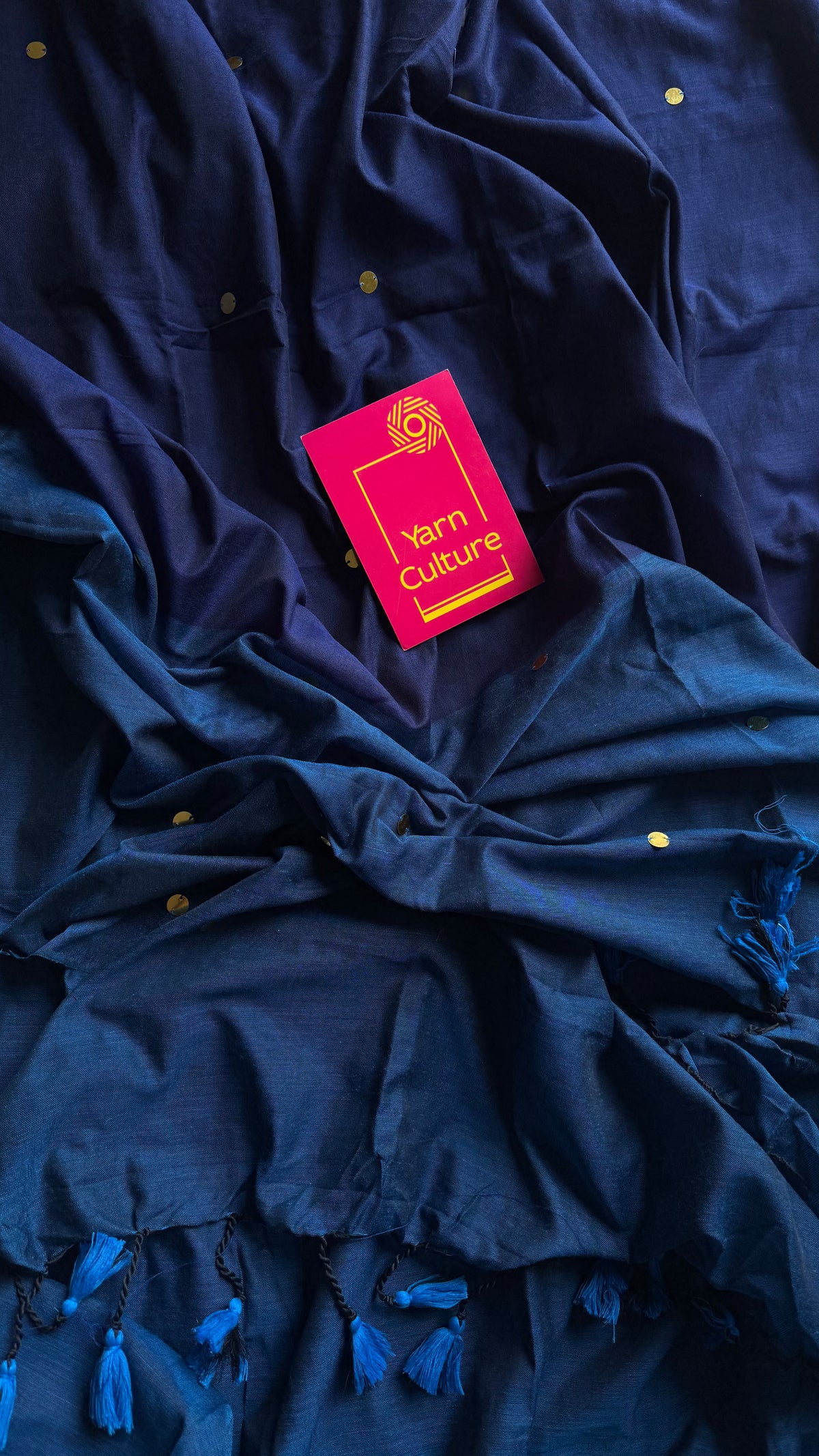 Dark blue with peacock blue contrast pallu, gini sequins, soft cotton saree - YCBCSCOC05