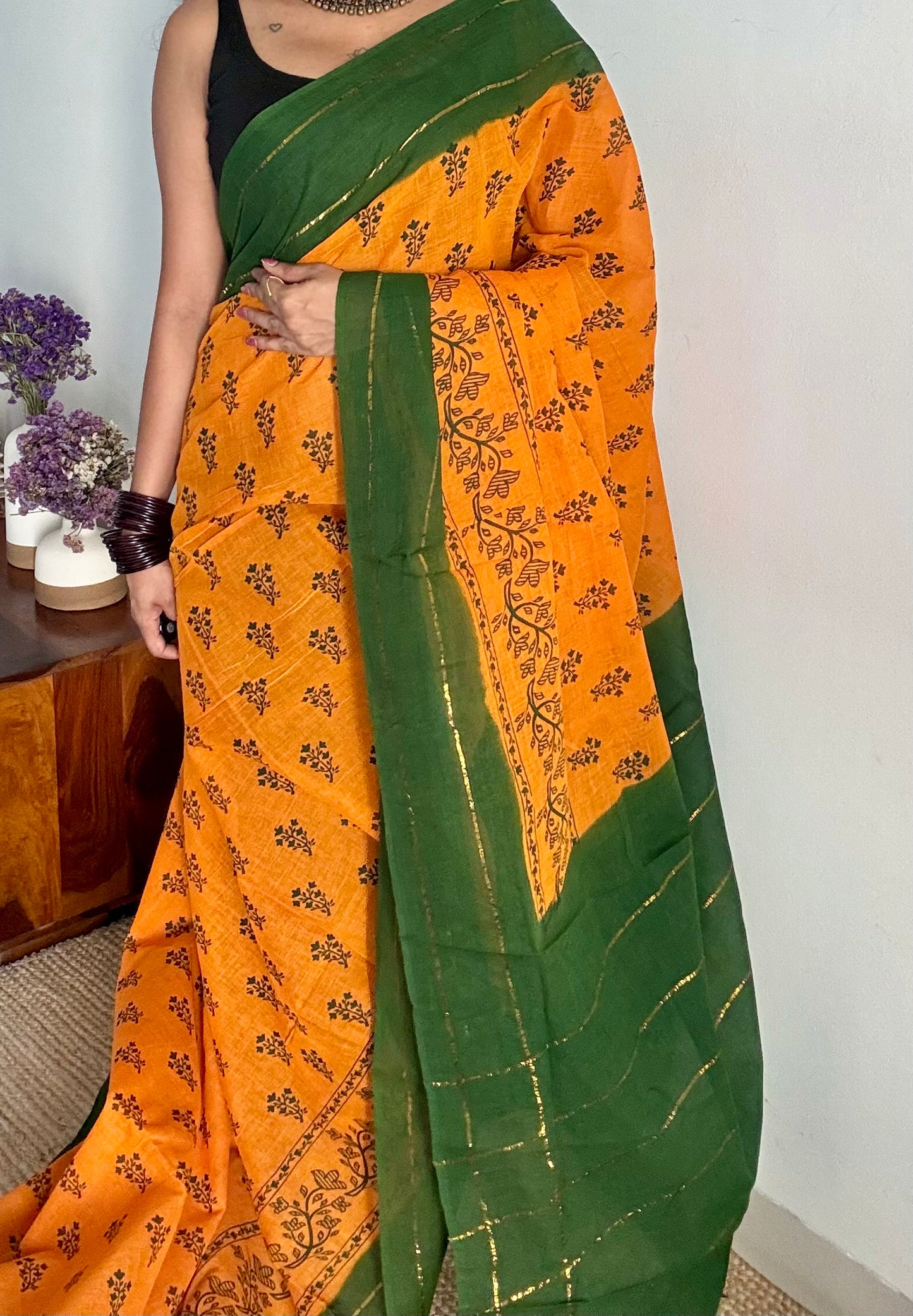 Mango yellow with green contrast, kattuchayam dyed madurai cotton saree - YCCOTNMA245