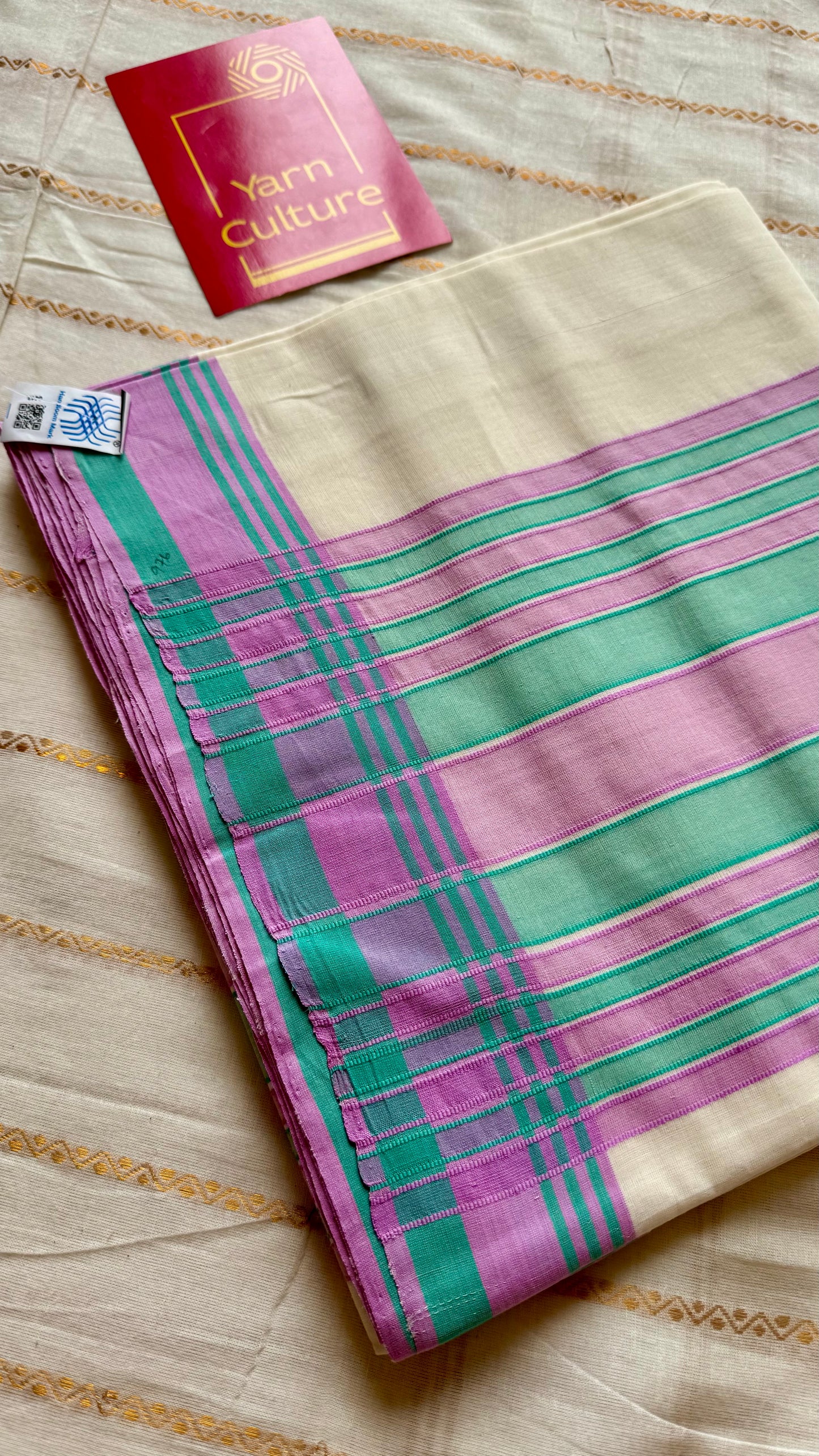 Handloom, woven in Chendamangalam Looms, ivory with pink and green stripes, soft cotton saree - YCIEON149