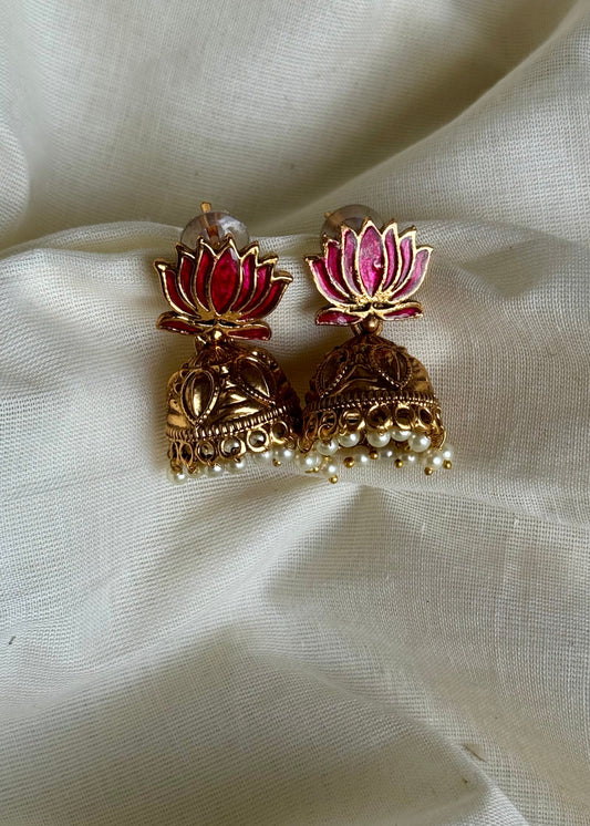 Antique gold hot pink lotus jhumka - YCAGEJ284