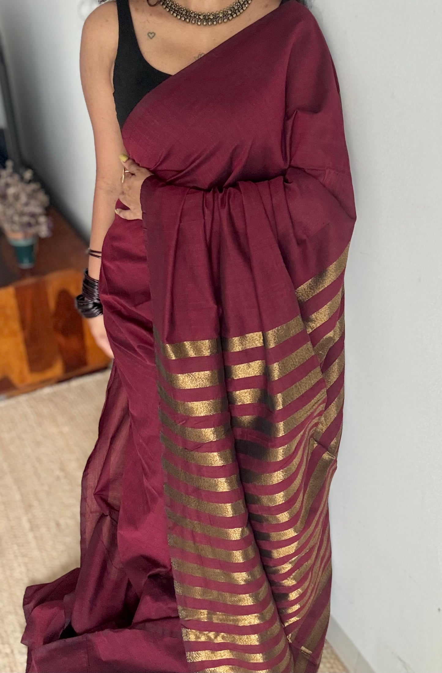 Maroon khadi with antique gold pallu - YCBCKZPSE05